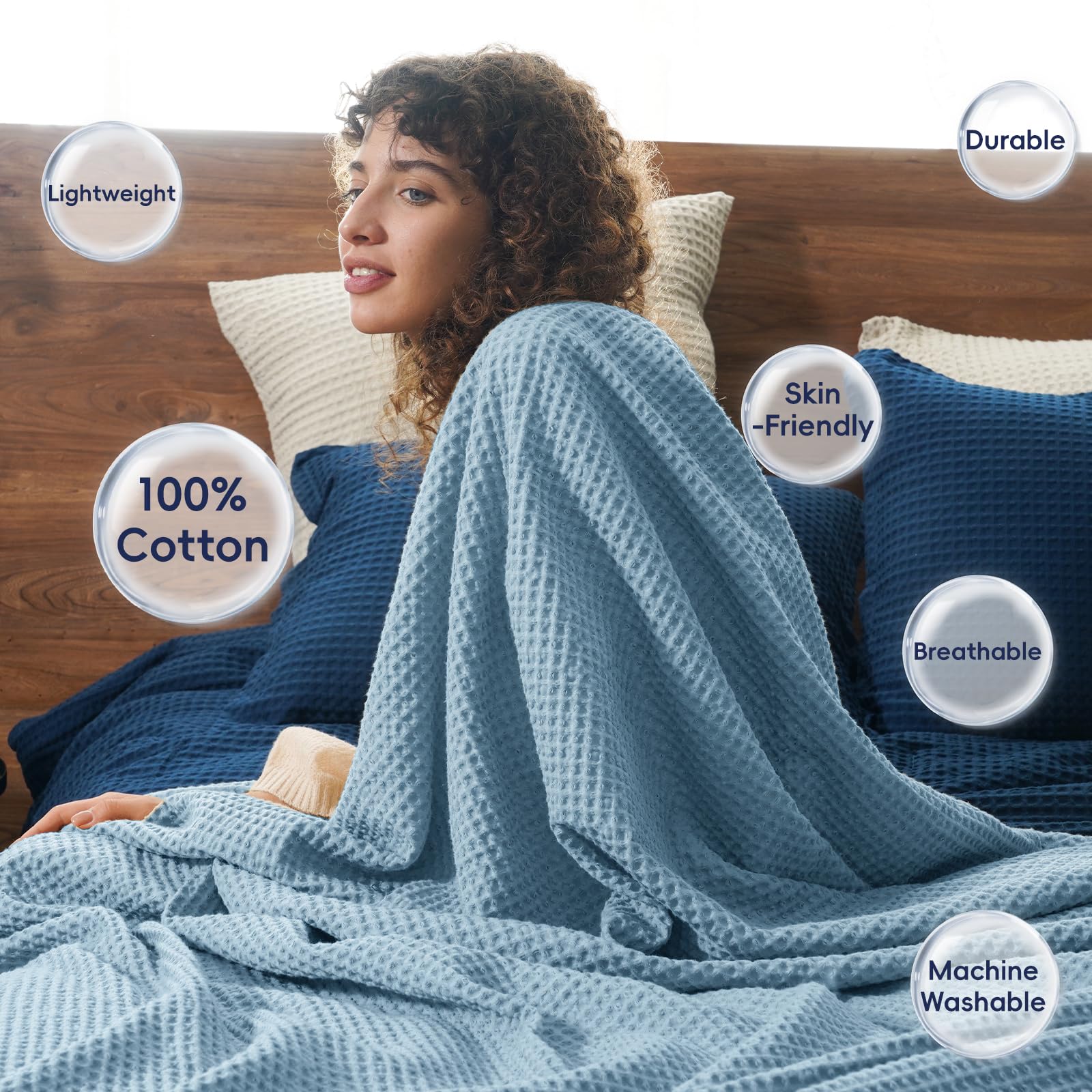 Phf 100% Cotton Waffle Weave Blanket Oversized King Size 120'X 120'- Lightweight Washed Soft Breathable Huge Blanket- Extra Large Big Blanket For Couch Bed Sofa- Aesthetic Home Decoration - Dusty Blue