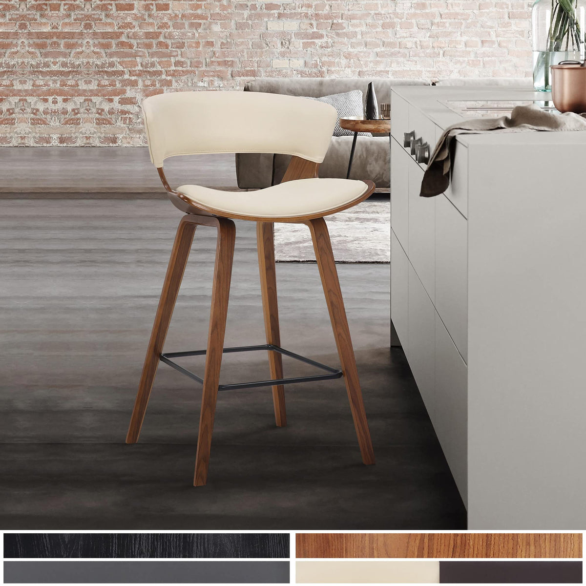 HomeRoots Metal, Wood, Faux Leather Cream Faux Leather and Wood Modern Bar Stool