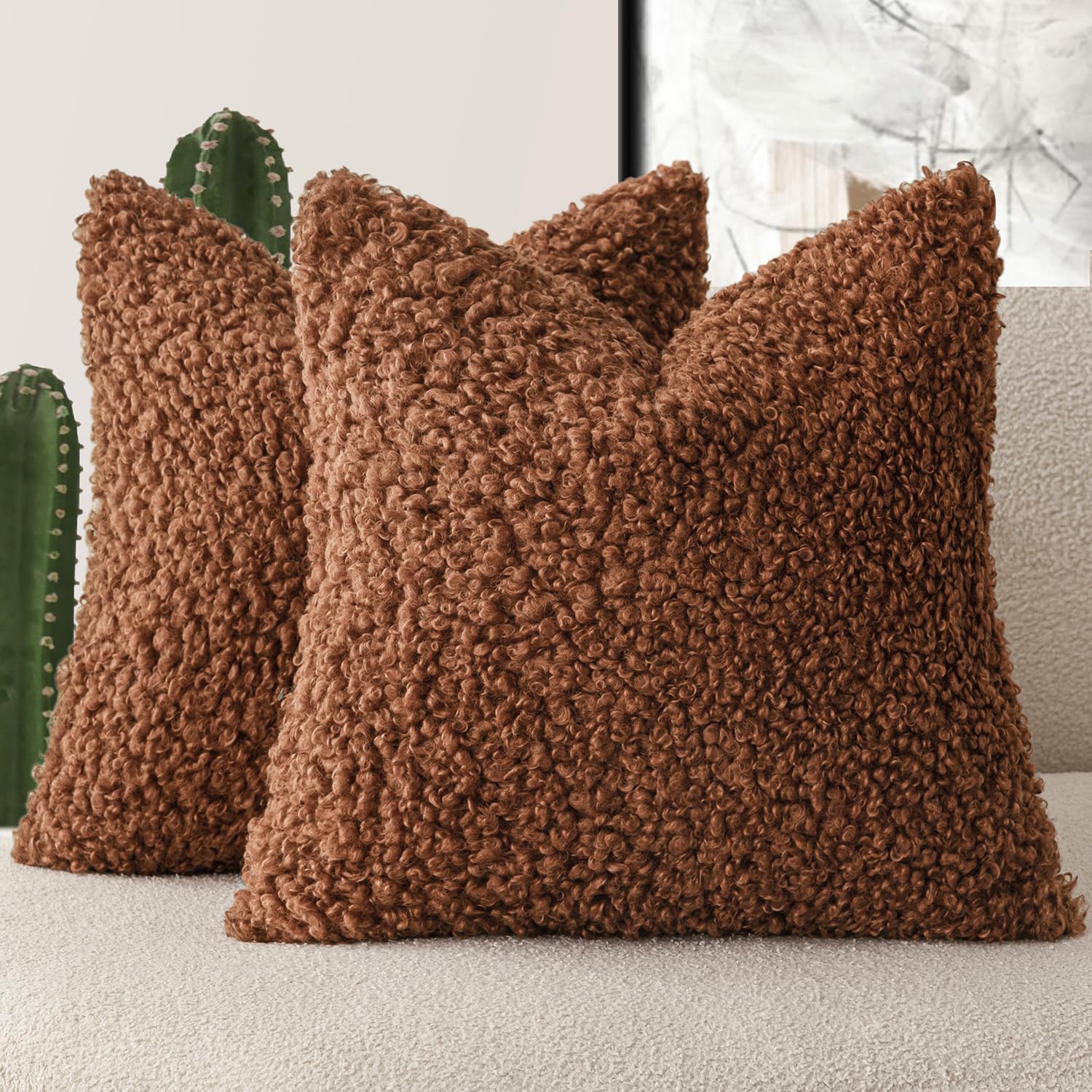 Foindtower 2 Pieces 24X24 Inch Hazel Brown,Faux Fur Throw Pillow Cover Accent Sherpa Furry Pillow Covers Fuzzy Soft Pillowcases