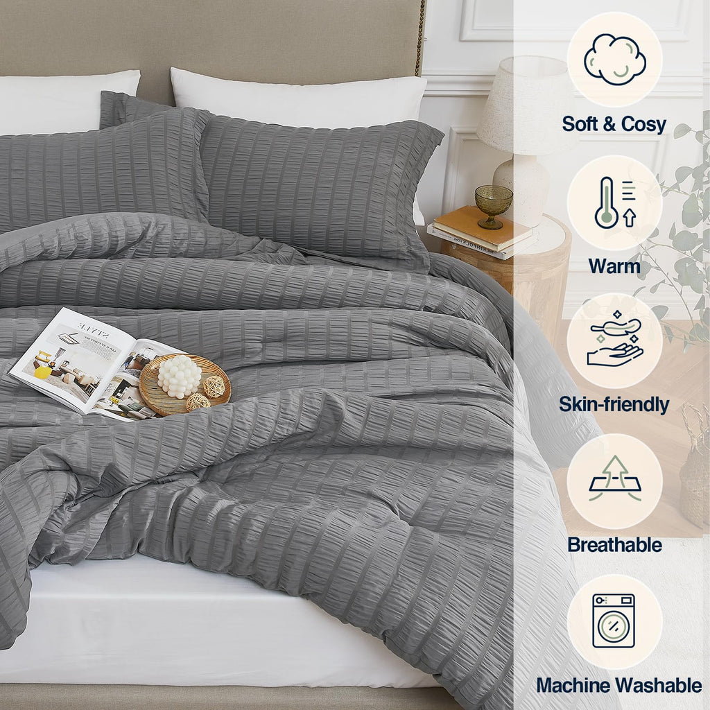 Quataly Grey Full Comforter Set - 3 Pieces Seersucker Lightweight Bedding Comforter Sets (1 Soft Fluffy Comforter & 2 Pillowcase