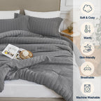 Quataly Grey Full Comforter Set - 3 Pieces Seersucker Lightweight Bedding Comforter Sets (1 Soft Fluffy Comforter & 2 Pillowcase