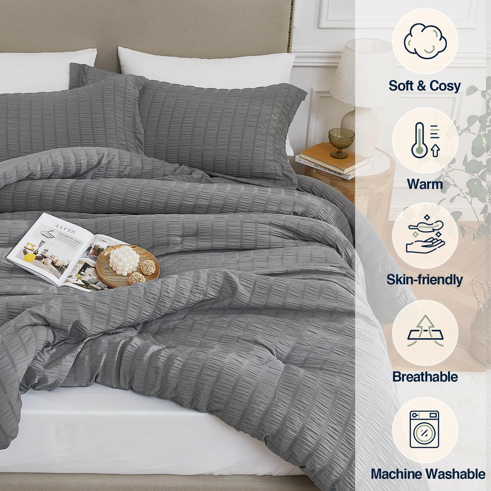 Quataly Grey Full Comforter Set - 3 Pieces Seersucker Lightweight Bedding Comforter Sets (1 Soft Fluffy Comforter & 2 Pillowcase