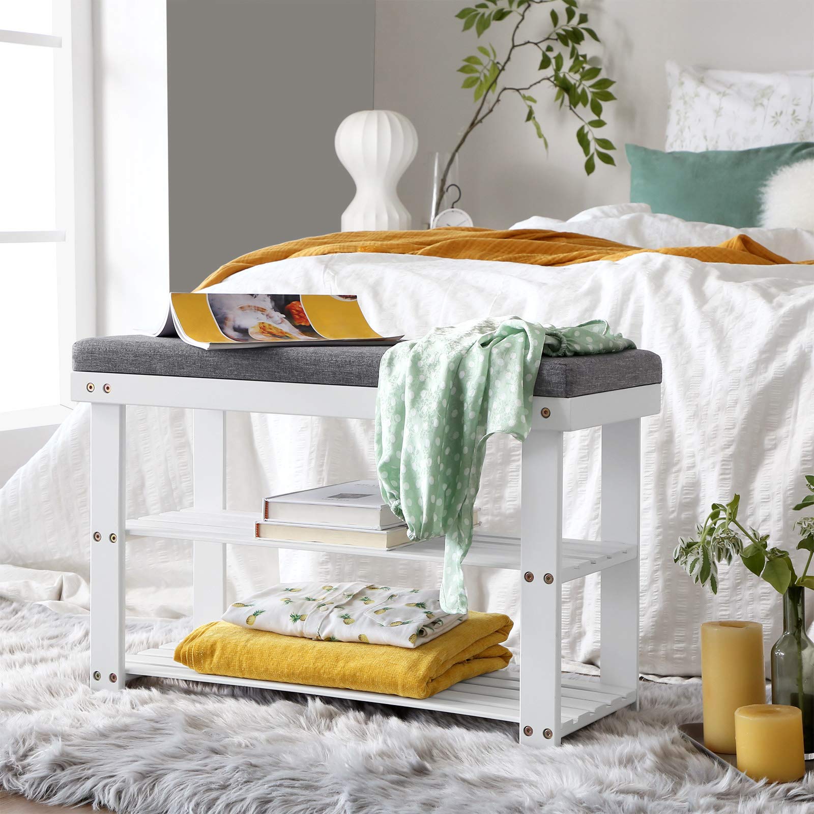 SONGMICS Bamboo Shoe Bench, 3-Tier Shoe Rack, 330 lb Capacity, 28" x 19.3", White and Gray