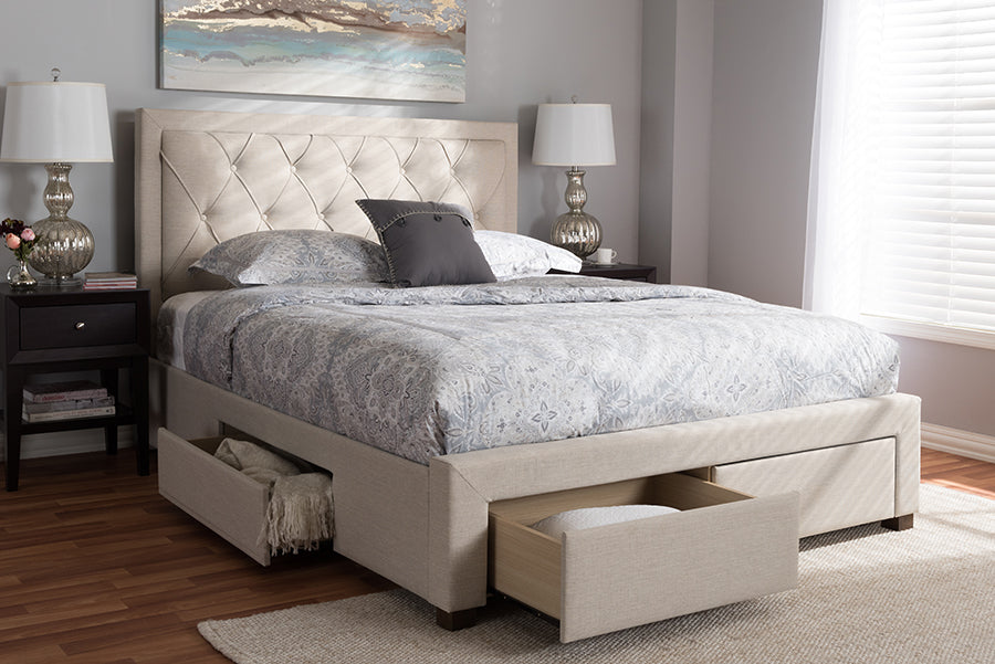 Baxton Studio Aurelie Modern And Contemporary Light Beige Fabric Upholstered Queen Size Storage Bed