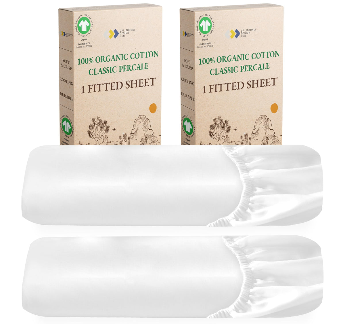 California Design Den 2-Pack 100% Organic Cotton Fitted Sheets Cal King Size Percale Only, Gots Certified, Soft & Crisp, Cooling, Lightweight, Snug-Fit 2X Deep Pocket Fitted Sheet - White