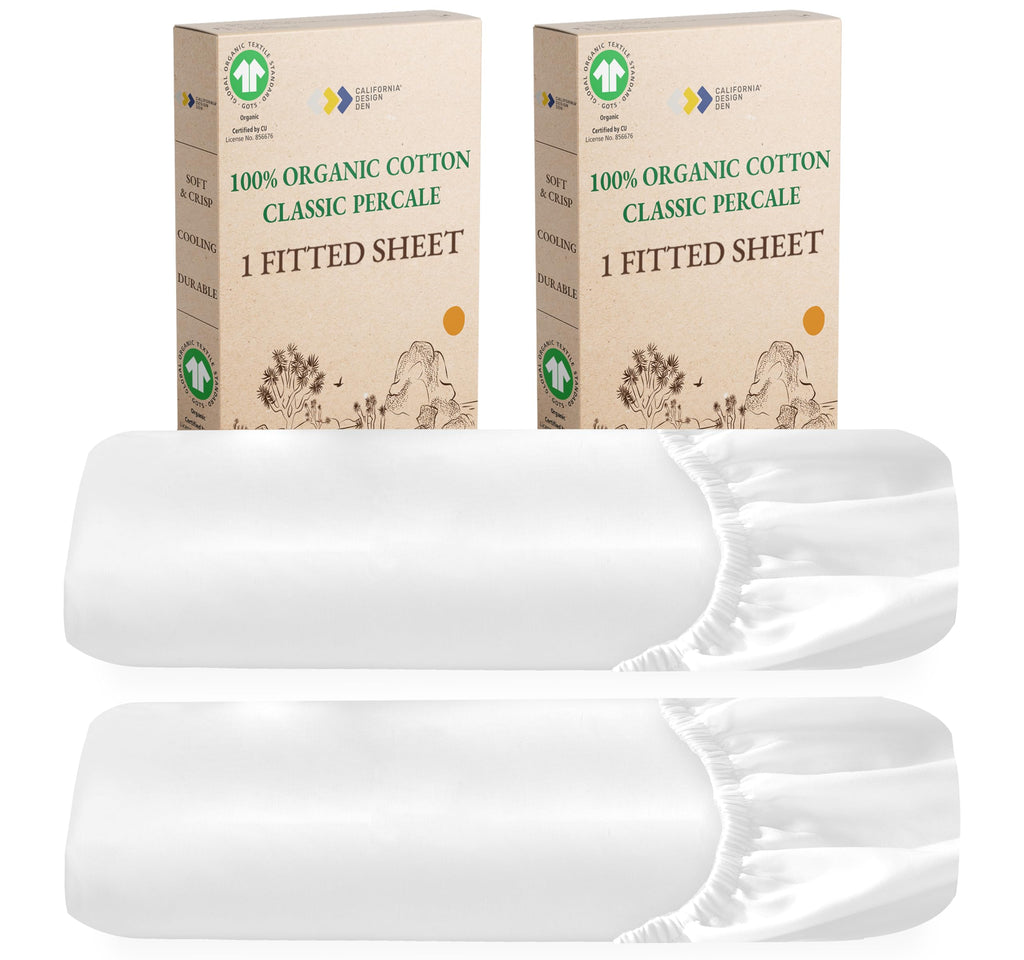 California Design Den 2-Pack 100% Organic Cotton Fitted Sheets Queen Size Percale Only, Gots Certified Soft, Crisp & Cooling, Lightweight, Snug-Fit, 2X Queen Deep Pocket Fitted Sheet Only - White
