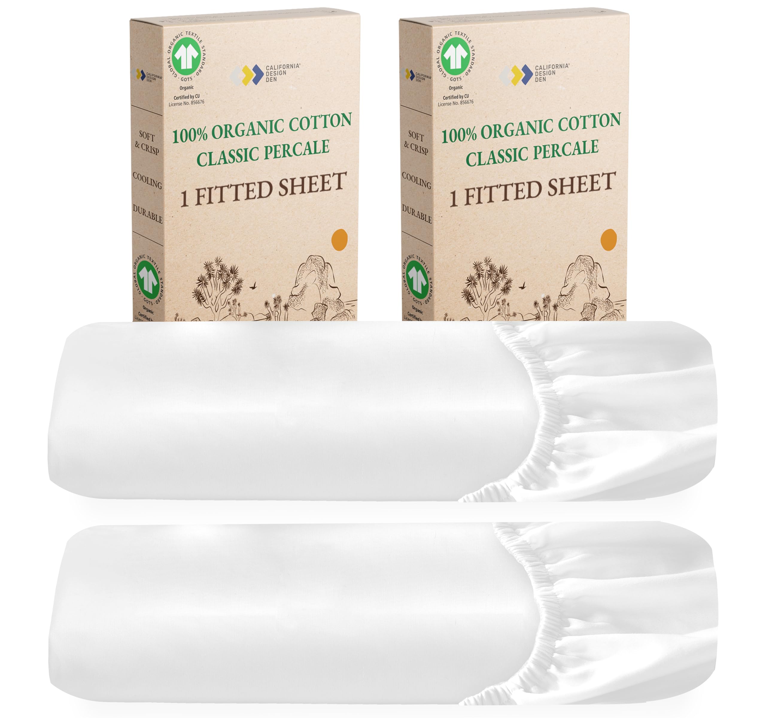 California Design Den 2-Pack 100% Organic Cotton Fitted Sheets Queen Size Percale Only, Gots Certified Soft, Crisp & Cooling, Lightweight, Snug-Fit, 2X Queen Deep Pocket Fitted Sheet Only - White