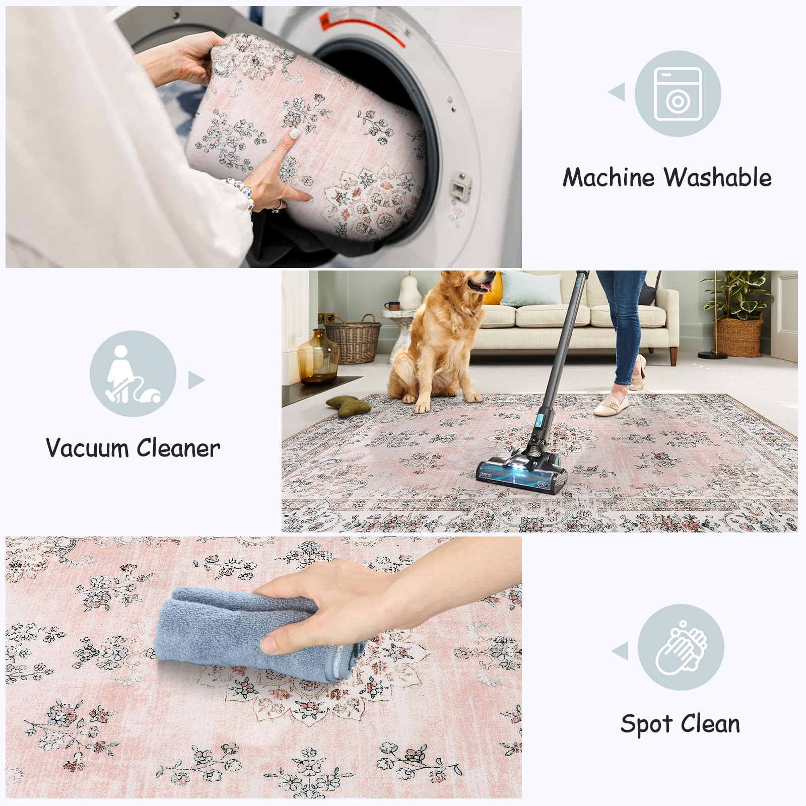 Lahome Machine Washable 2X6 Runner Rug With Rubber Backing,Soft Floral Pink Runners For Nursery, Girl And Kids,Boho Ultra-Thin N