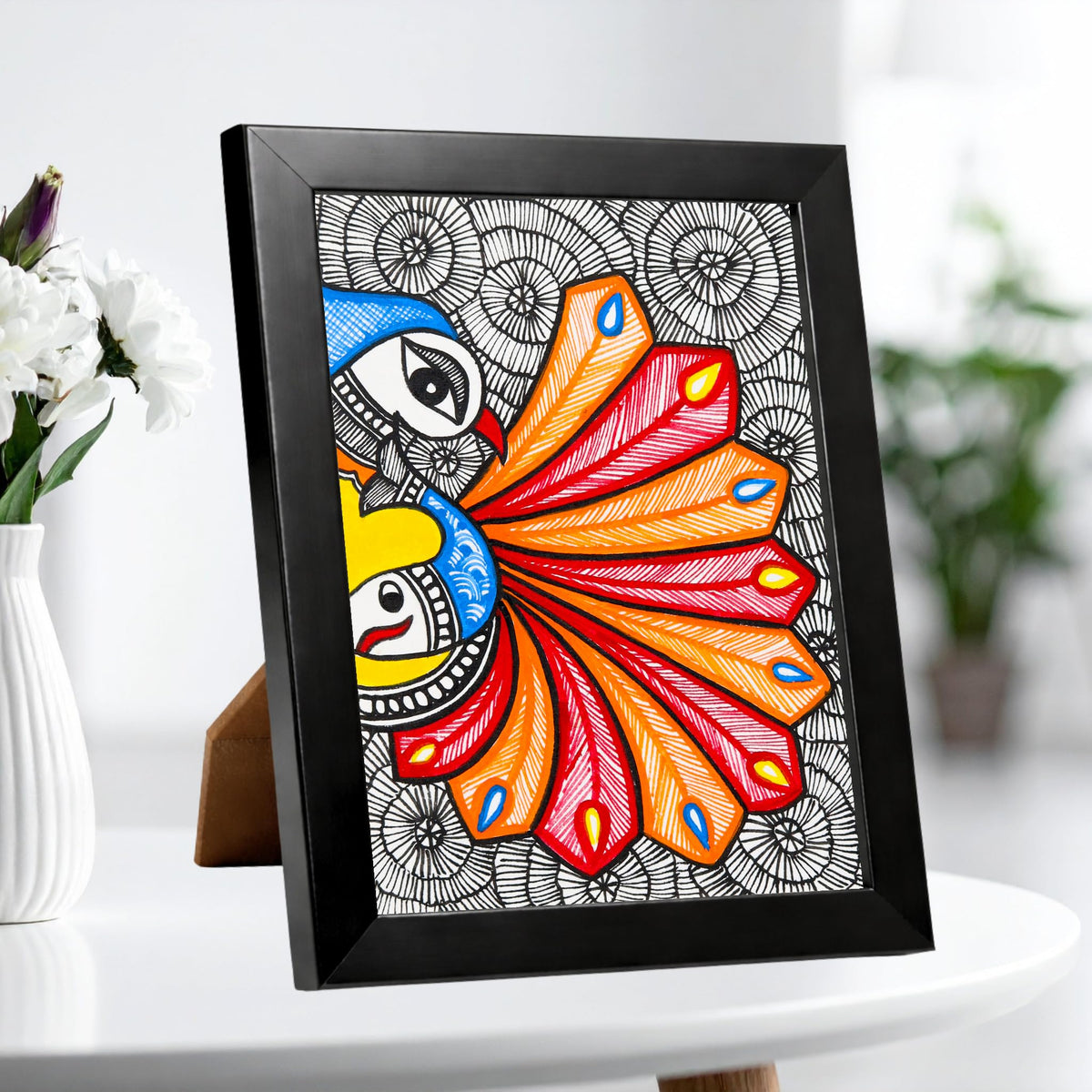 AAKARSHAK Small Madhubani Peacock Painting Framed 6x8 Inch  Hand Painted Mithila Table Top and Wall Hanging Decor Return Gift f