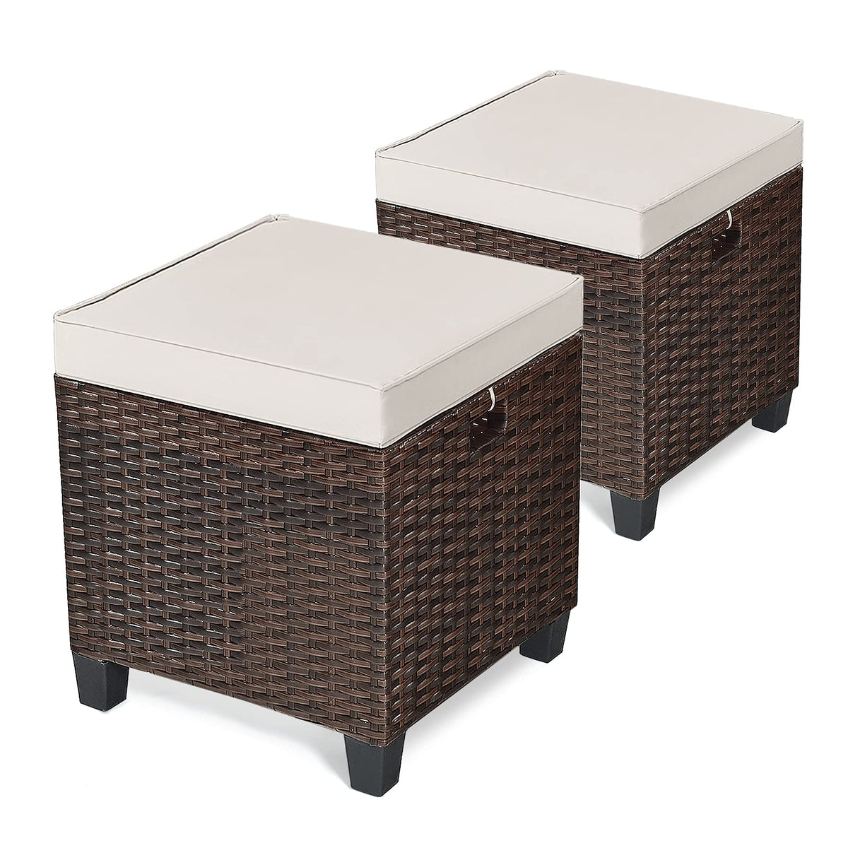 Oralner Set Of 2 Outdoor Ottoman, 16' Wicker Footstools, All-Weather Rattan Cube Foot Stool W/Removable Cushions, Square Footrest Extra Seating For Patio, Porch, Deck, Easy Assembly (Light Brown)