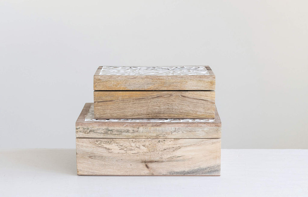 Creative Co-Op Handcarved & Whitewashed Mango Wood Boxes (Set Of 2 Sizes) Misc Non-Food Storage, White, 2 Count
