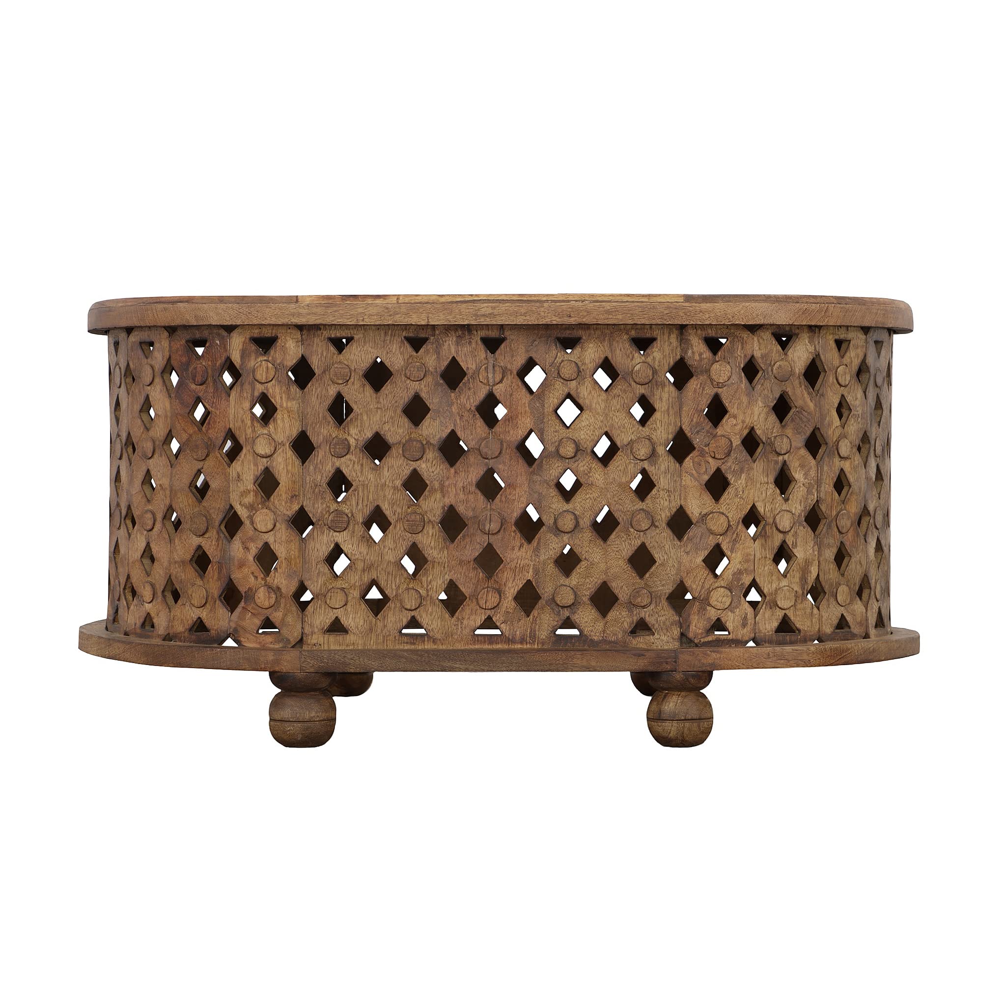 36 Inch Oval Farmhouse Coffee Table With Intricate Cut Out Design, Antique Brown
