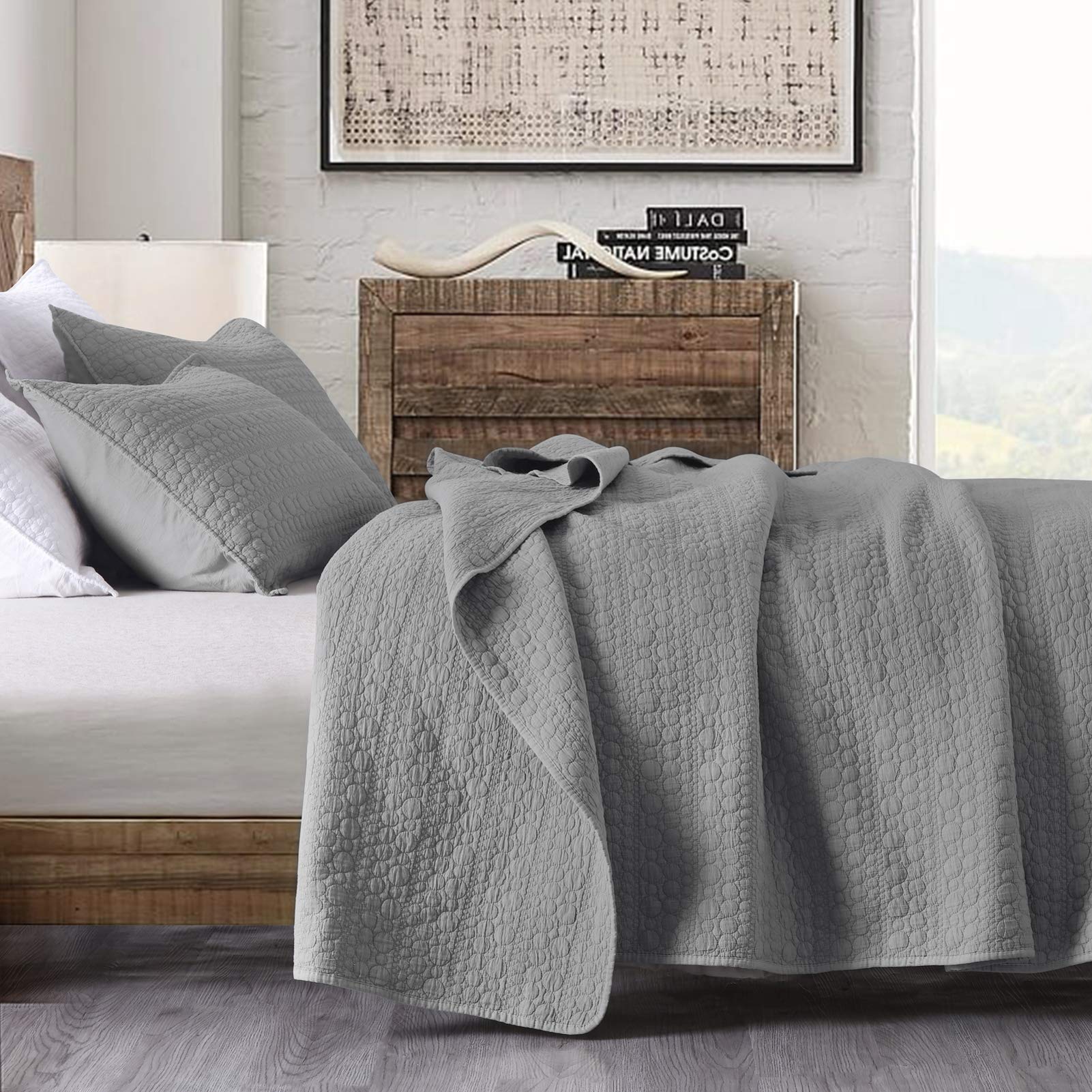 Horimote Home Quilt Set Queen Size Grey, Classic Geometric Spots Stitched Pattern, Stone-Washed Microfiber Chic Rustic Look, Ult