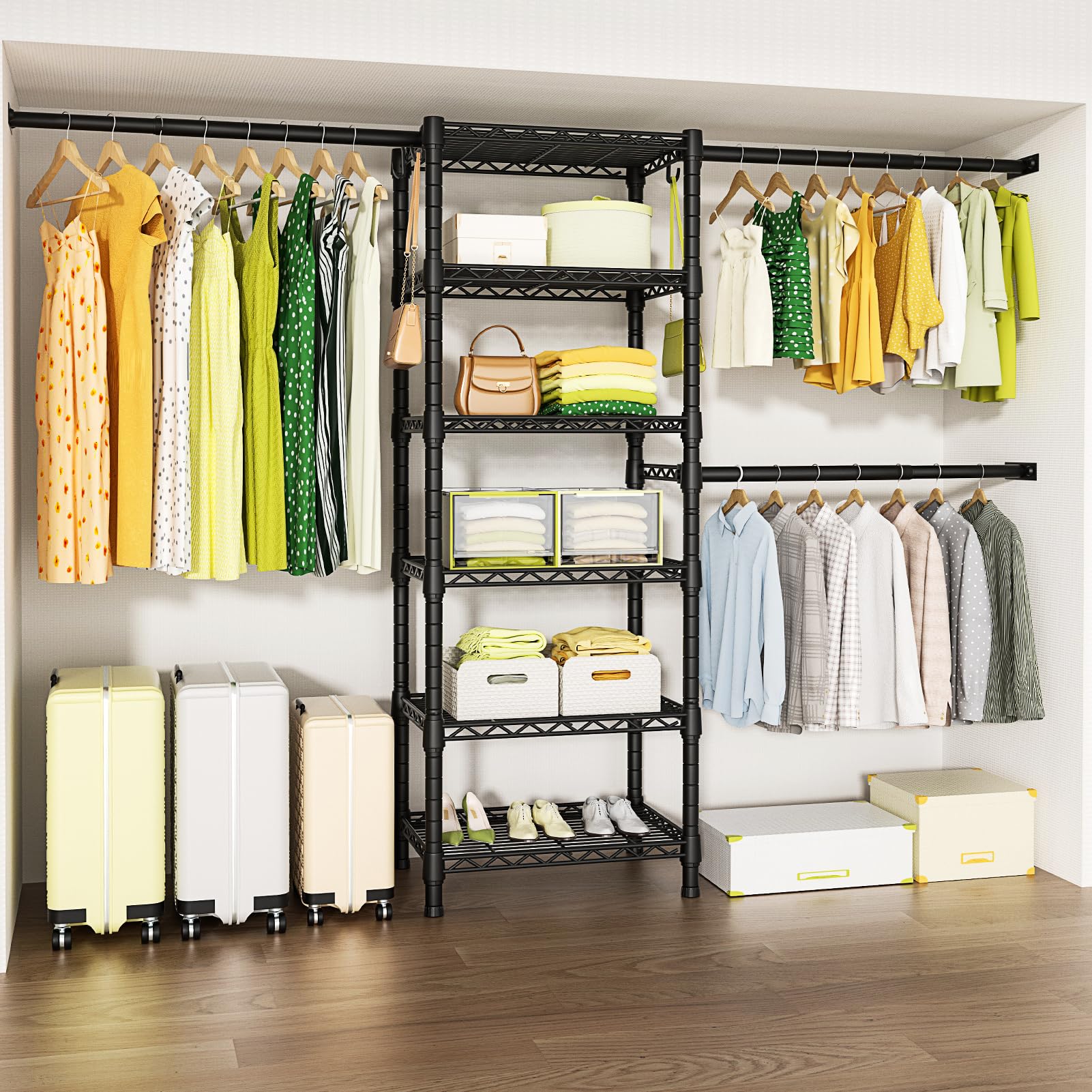 Ulif M5 Wall Mounted Clothes Garment Rack, Heavy Duty Closet Storage and Organizer System with 6 Shelves and 3 Expandable Hanger