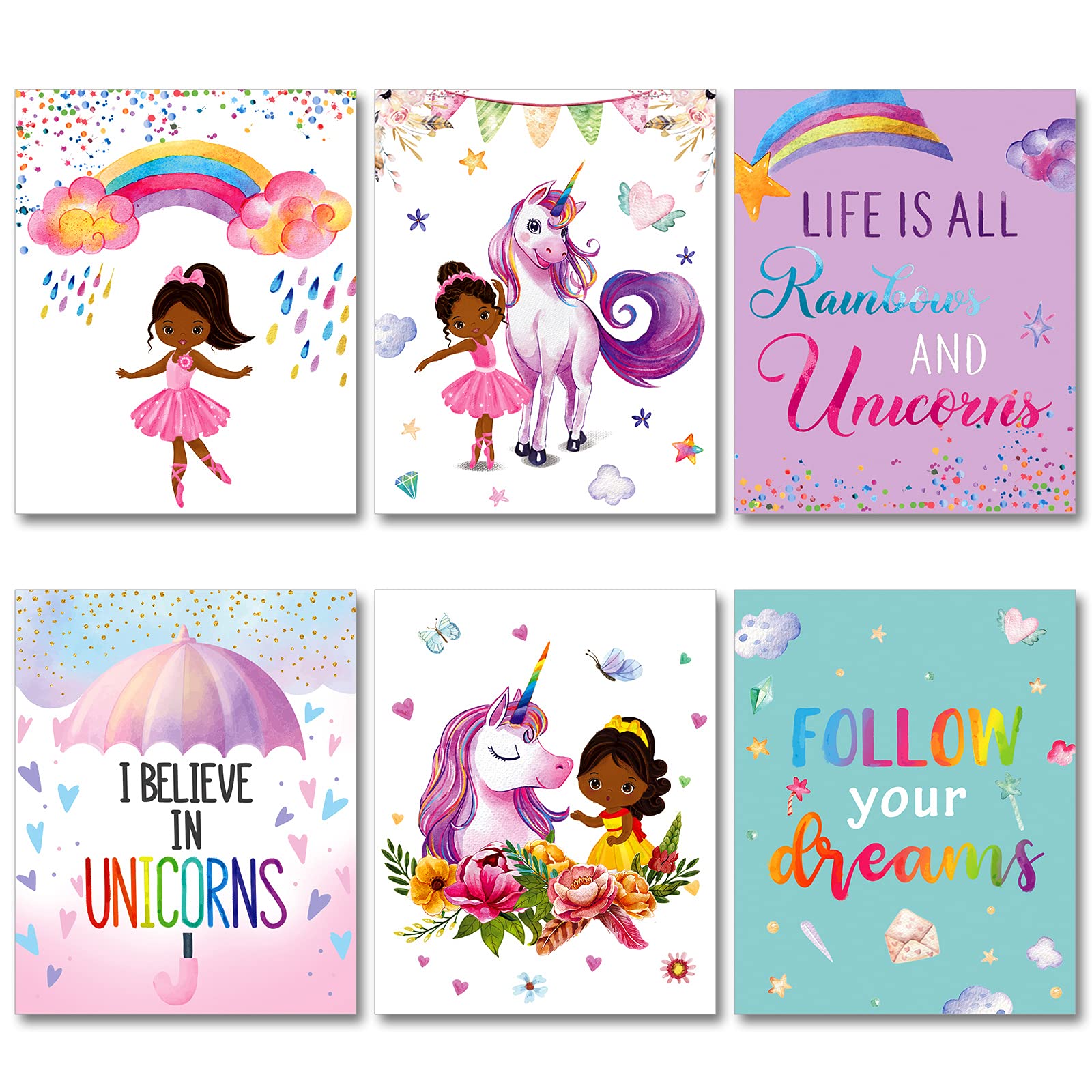 Tatuo 6 Pieces Motivational Black Girl Unicorn Wall Art Unframed Unicorn Art Prints African Girl Positive Quotes Poster Room Dec