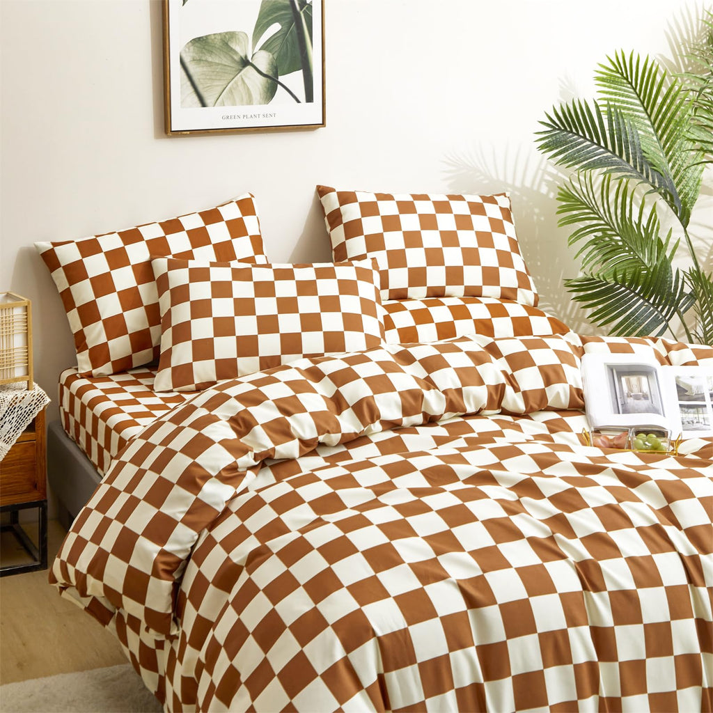 Clothknow Brown Beige Grid Comforter Set California King 3Pcs Pumpkin Plaid Bedding Comforter Sets Checker Comforter Soft Carame