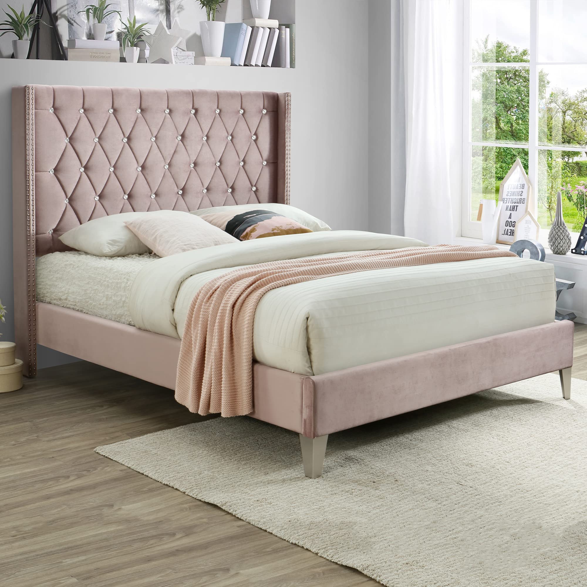 Better Home Products Alexa Velvet Upholstered Queen Platform Bed in Pink