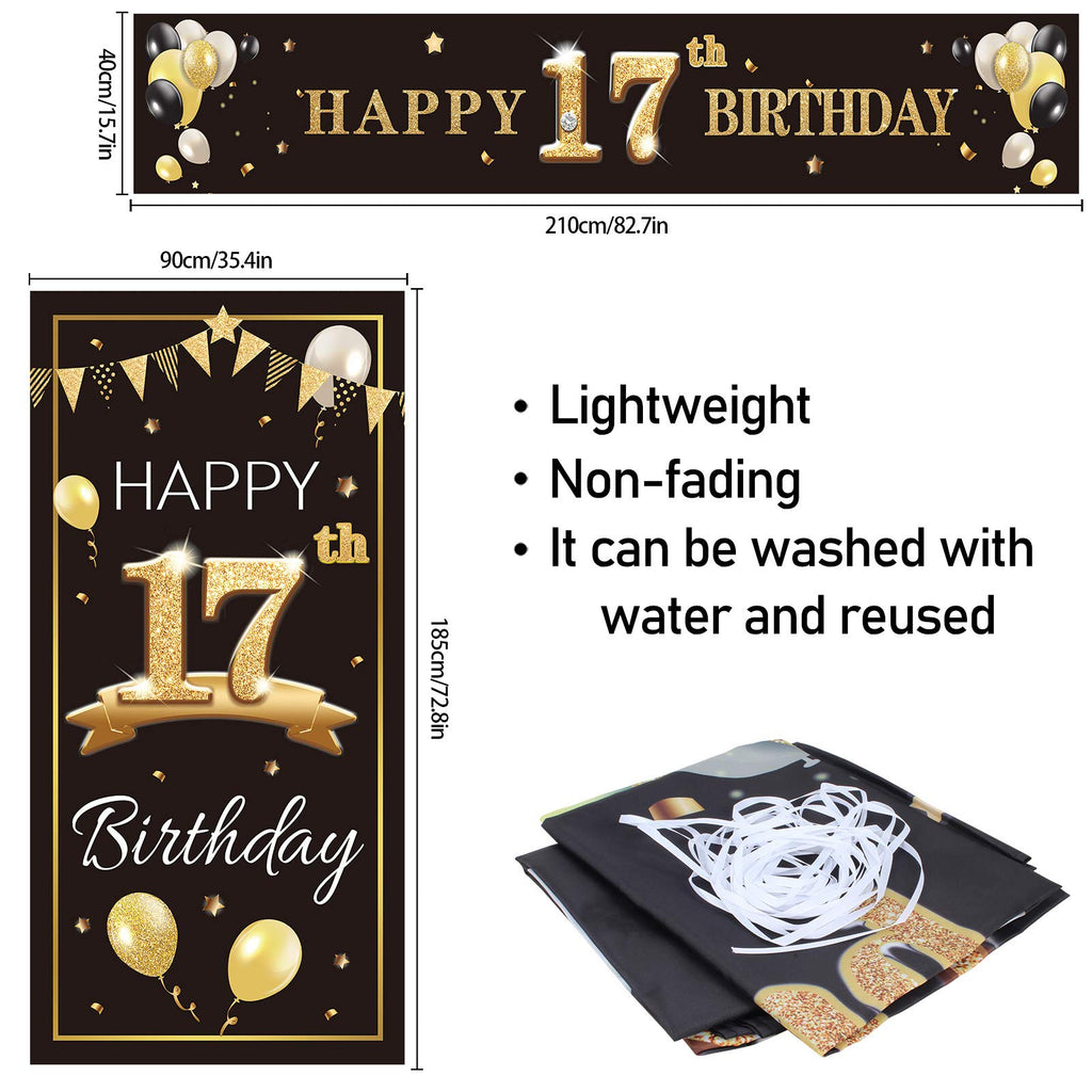 Pakboom Happy 17Th Birthday Door Cover Porch Banner Sign Set - 17 Years Old Birthday Decorations Party Supplies For Boys - Black