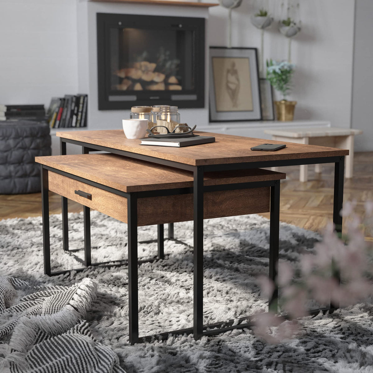 Flash Furniture Emerson 2 Piece Nesting Coffee Table Set - Engineered Wood Top in Walnut Finish - Black Sled Base Steel Frames - Storage Drawer