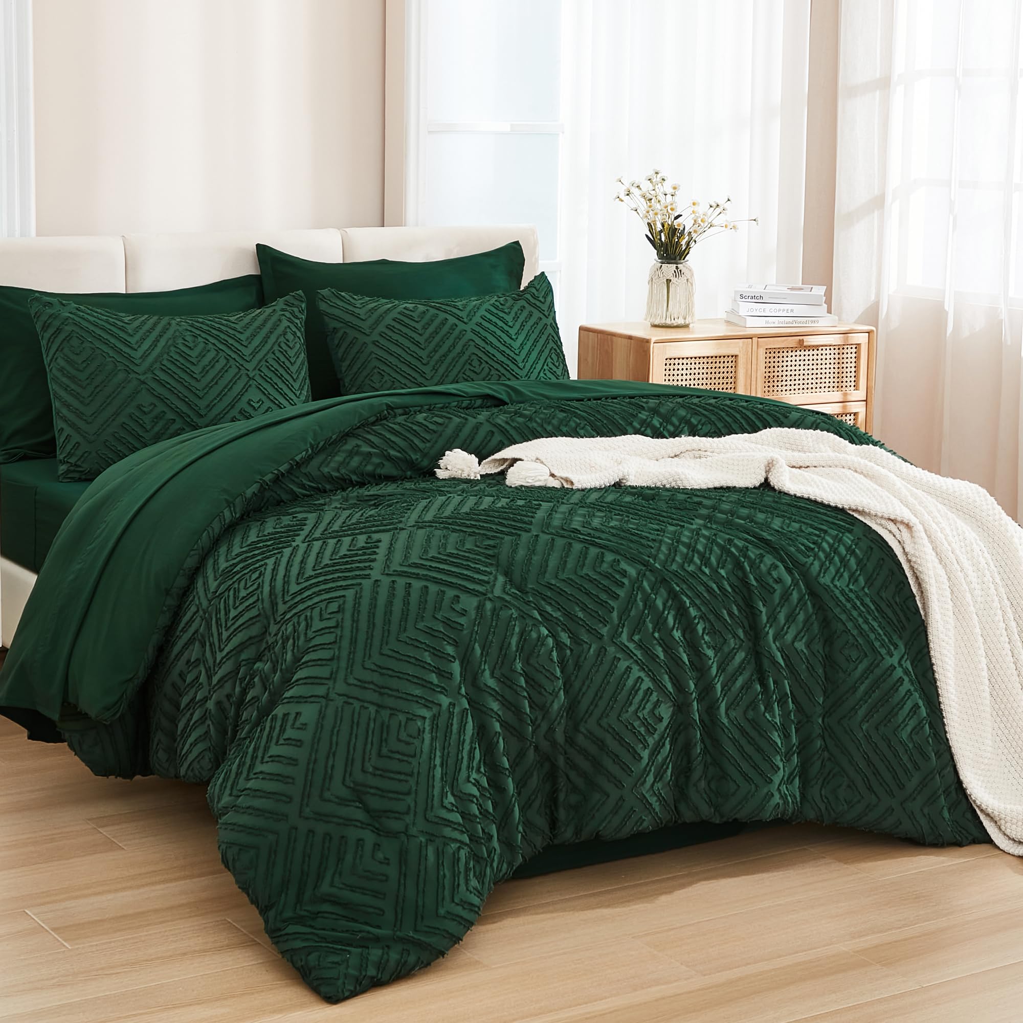 Andency California King Comforter Set Dark Emerald Green - 7 Pieces Bed In A Bag Cal King Beddding Comforter Sets, Tufted Lightw