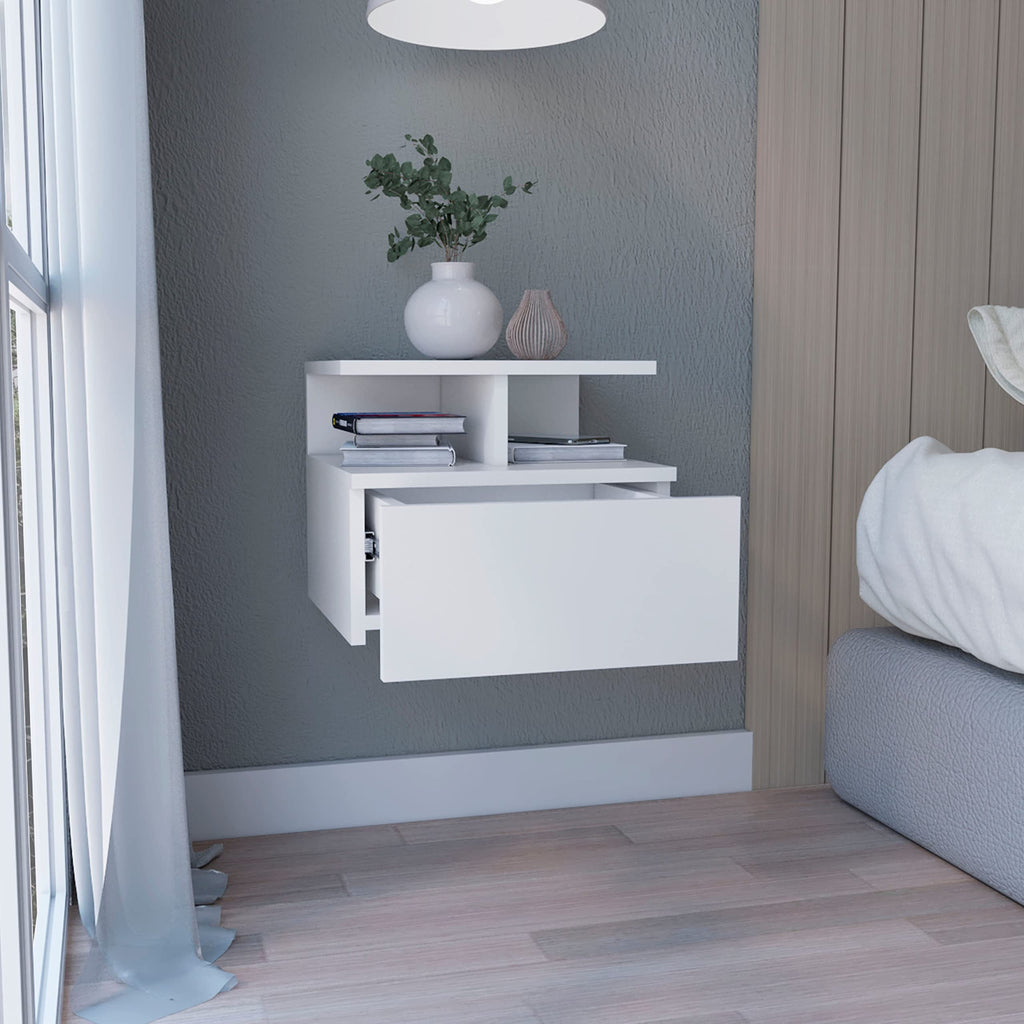 Depot E-Shop Seward Floating Nightstand, Wall Mounted With Single Drawer And 2-Tier Shelf, 12&Quot; H, White, Bedroom