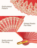 Eosau Handheld Chinese Folding Fan Hand Fans For Women Foldable Bulk For Party Wedding Church Dancing (Red)
