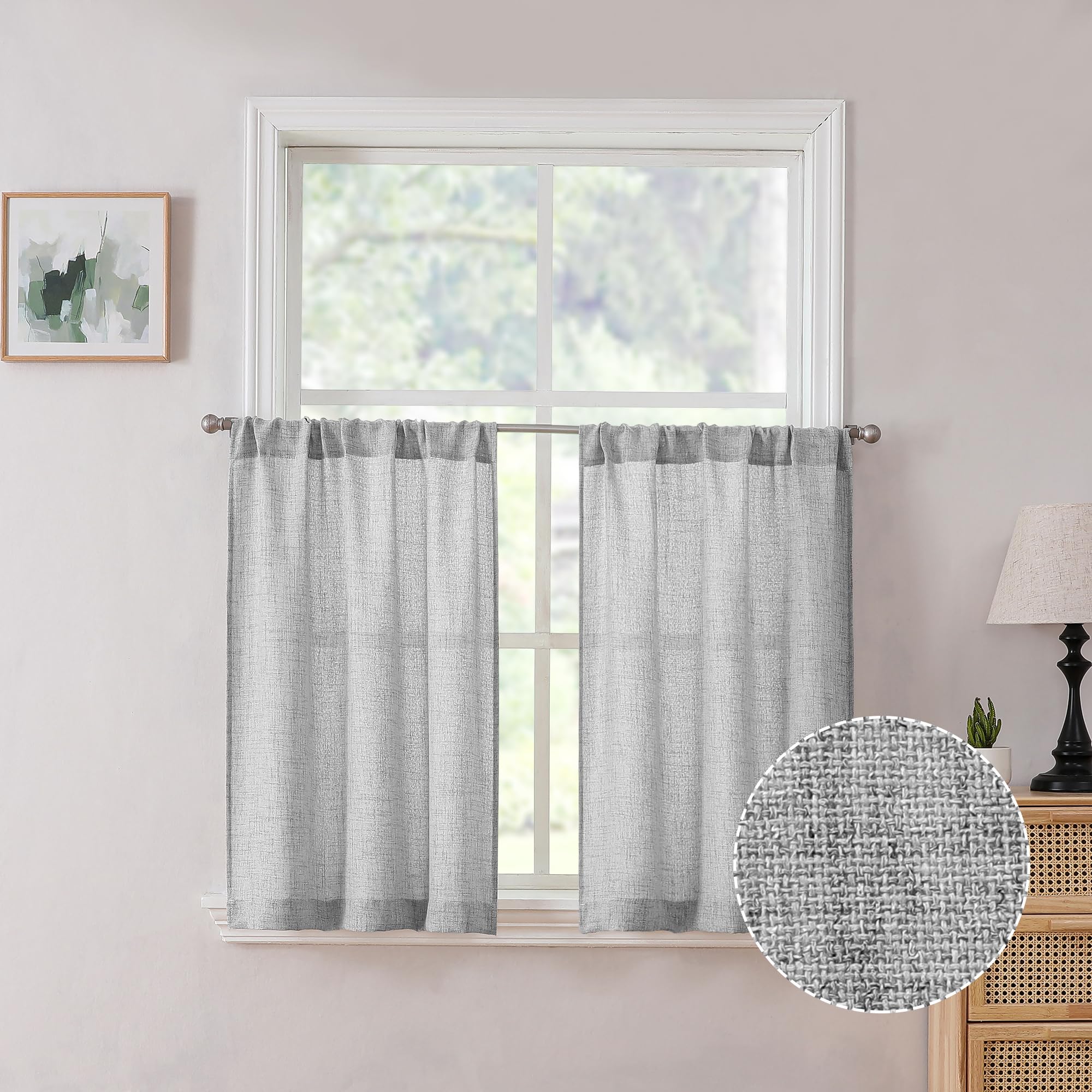 Tollpiz Short Linen Tier Curtains Rod Pocket Semi Sheer Half Kitchen Curtain Burlap Light Filtering Thick Linen Drapes for Bathr