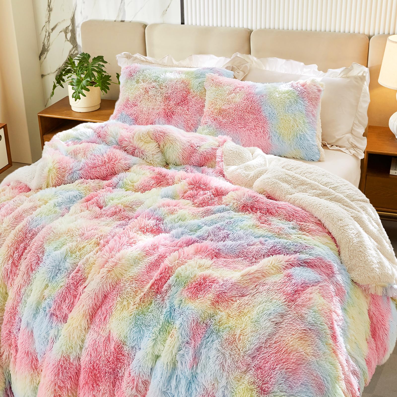 Luxury Faux Fur Shaggy Fluffy Comforter Set King Size Colorful Rainbow Long Hair, 3 Pieces Plush Flannel Sherpa Backing Reversib