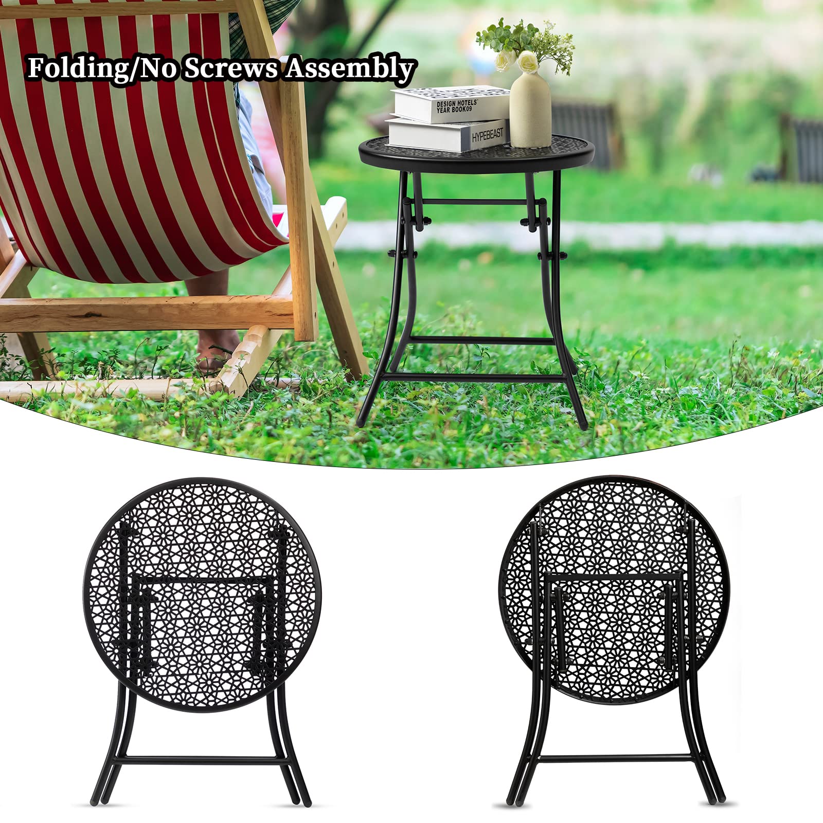 Teokj Folding Outdoor Side Tables, Anti Rust Small Patio Table Round Metal End Table With Flower Cutouts For Porch Yard Balcony Deck Lawn, Black