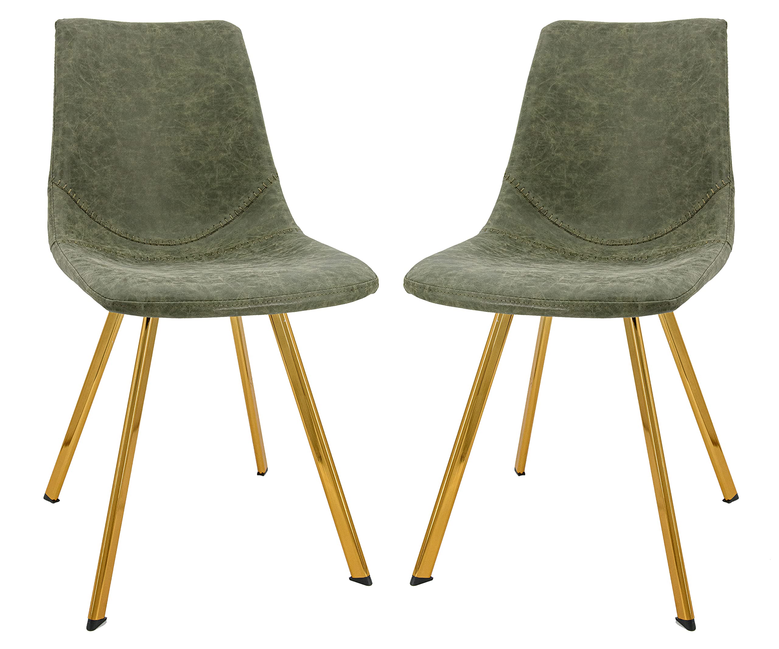 LeisureMod Markley Modern Leather Kitchen and Dining Chair with Gold Legs Set of 2, Olive Green