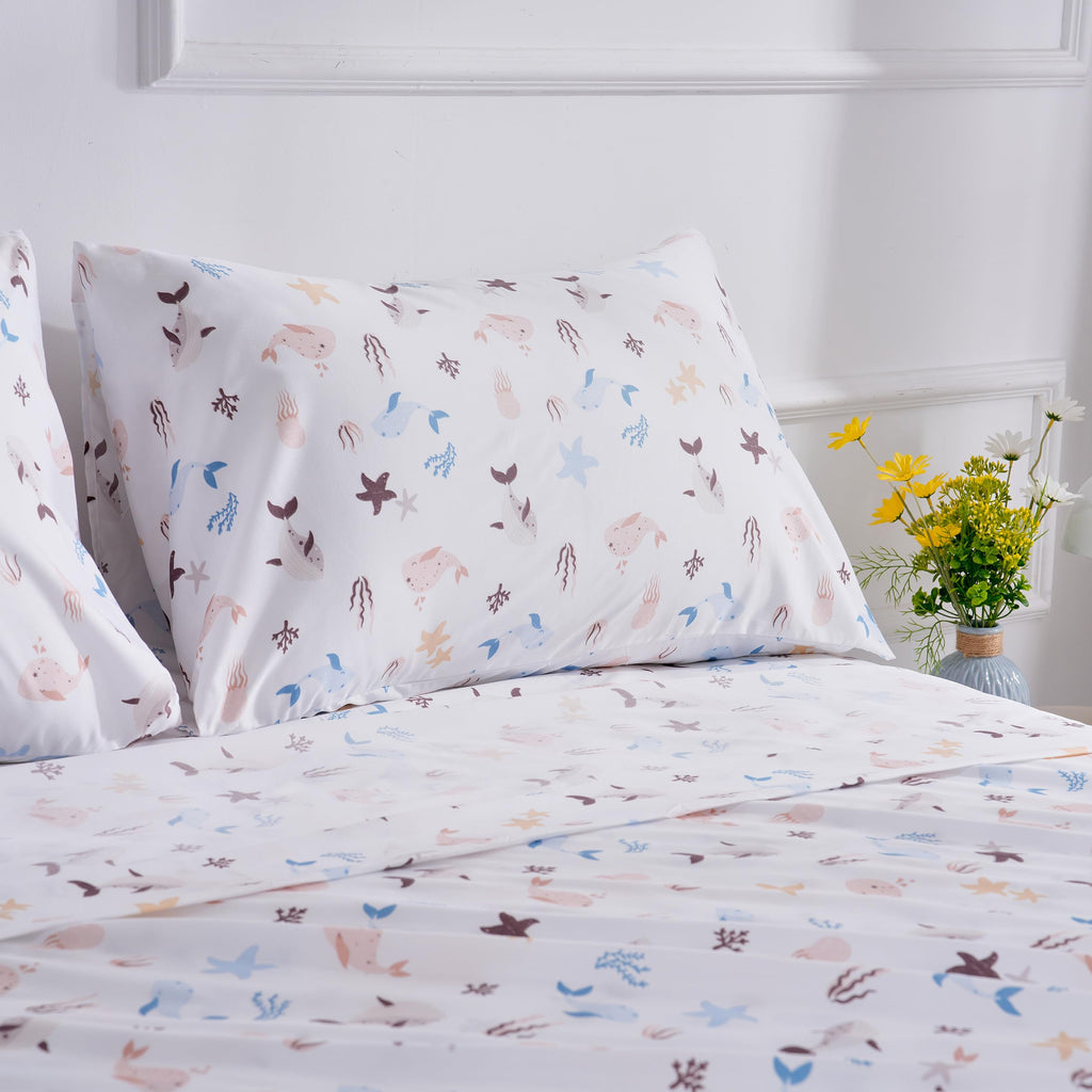Sea Animal Queen Sheets Fish Whale Underwater World Cute Cozy Fun Queen Bed Sheet Set For Kids Girls Boys Children - Kids Bed Sheet Collection - Deep Pocket, Wrinkle Free And Soft Bedding - 4Pc