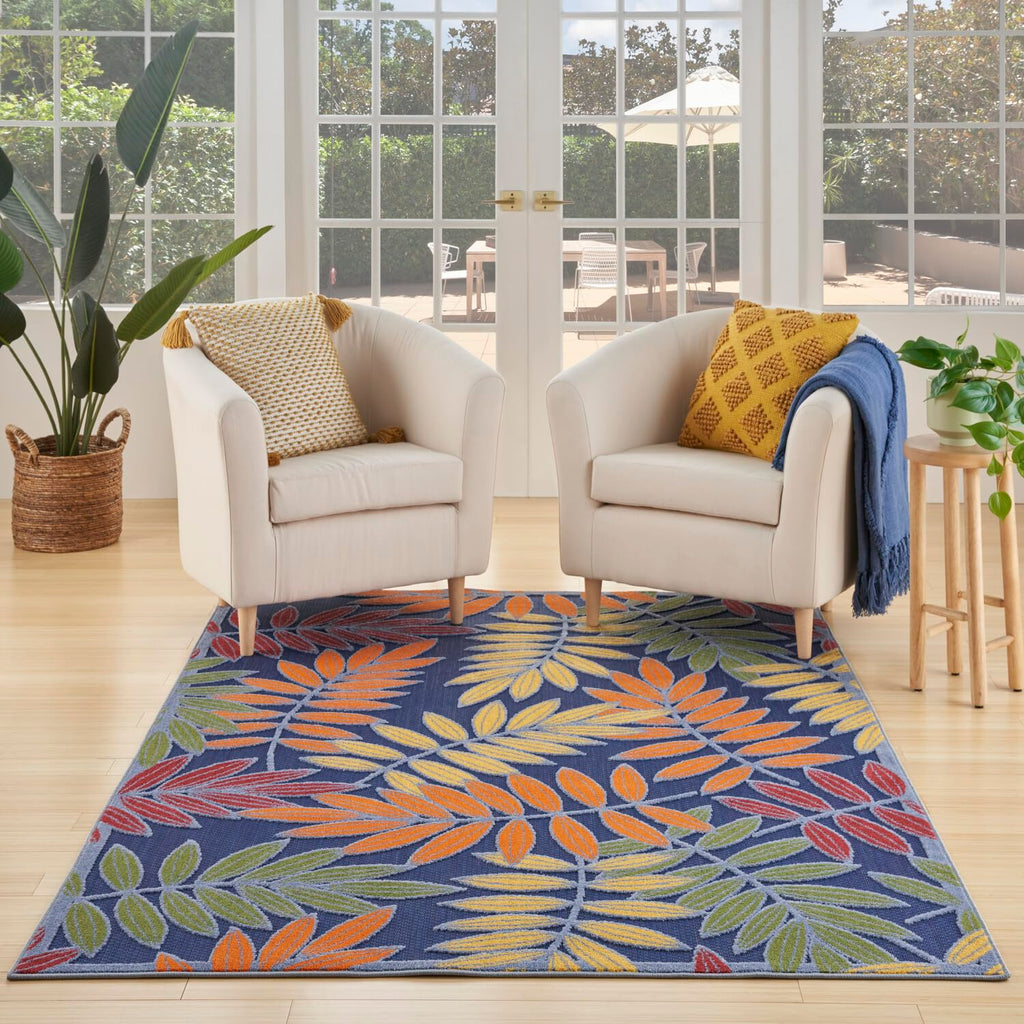 Nourison Aloha Indoor/Outdoor Navy Multicolor 5'3' X 7'5' Area Rug, Easy Cleaning, Non Shedding, Bed Room, Living Room, Dining Room, Backyard, Deck, Patio (5X7)