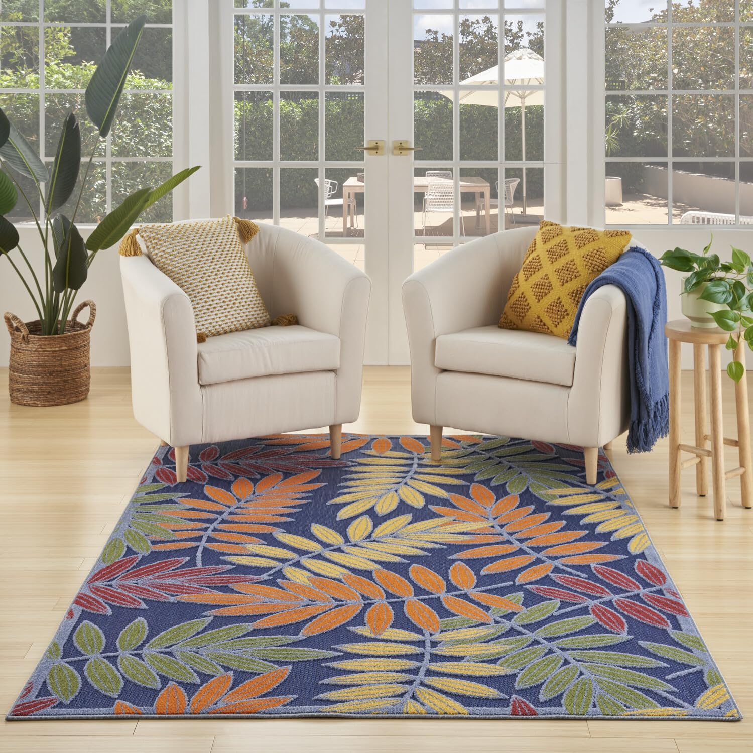 Nourison Aloha Indoor/Outdoor Navy Multicolor 5'3' X 7'5' Area Rug, Easy Cleaning, Non Shedding, Bed Room, Living Room, Dining Room, Backyard, Deck, Patio (5X7)