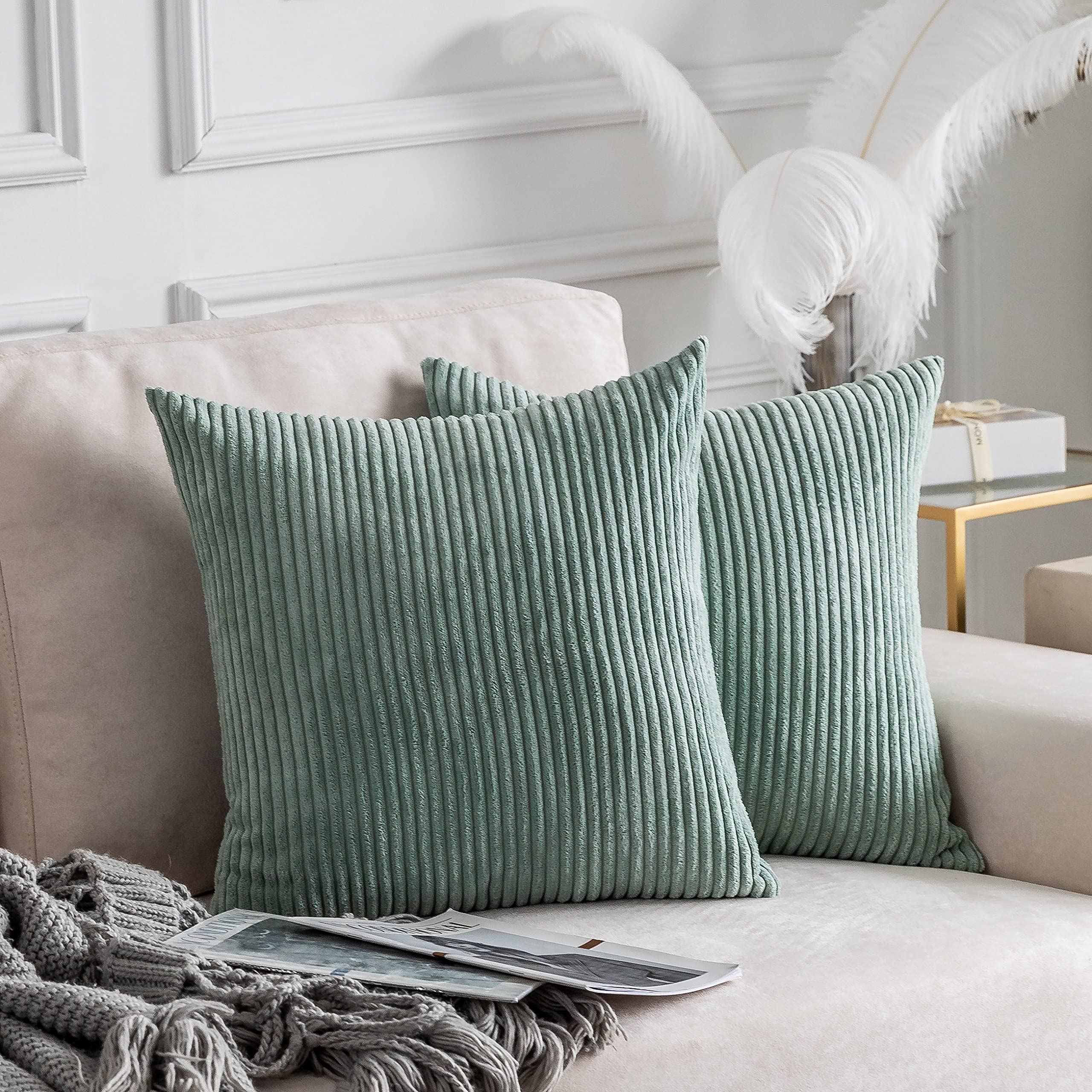 Home Brilliant Summer Pillow Covers 20X20 Inch Solid Supersoft Corduroy Stripes Square Throw Pillows For Couch Decorative, 50X50