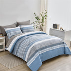 Kakijumn 7 Piece Bed In A Bag Stripe Comforter Set Queen Size, White Grey Blue Patchwork Striped Comforter And Sheet Set, All Se