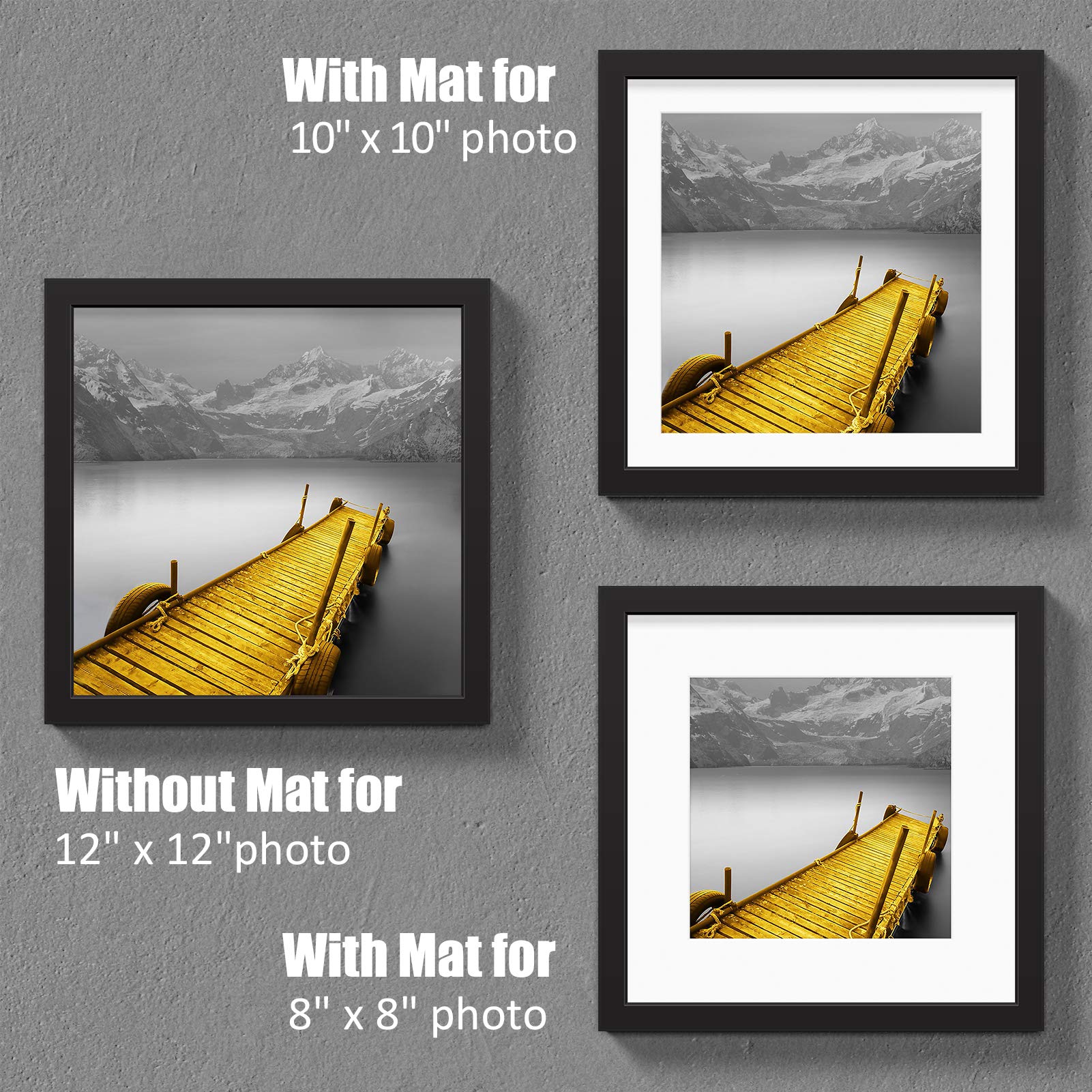 12X12 Picture Frames Black Solid Wood Display Pictures 10X10 Or 8X8 With Mat Or 12X12 Without Mat - 12X12 Inch Square Photo Fram