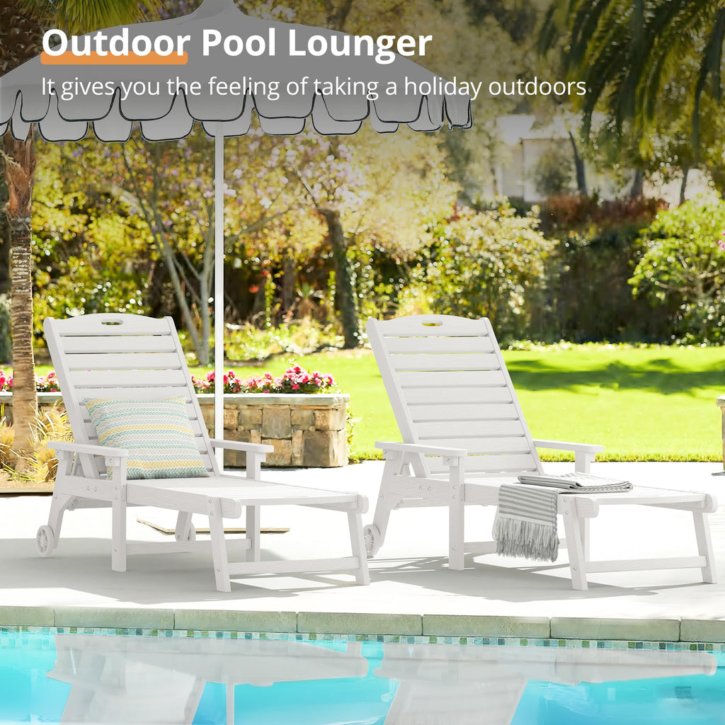 Lue Bona Chaise Lounge Chair With Table, 2-Piece, 79'' Oversized Hdps Chaise Lounger, 5 Positions Adjustable Lounge Chairs, Pool Lounge Chair With Wheels For Poolside, Backyard, 3 Year Warranty, White