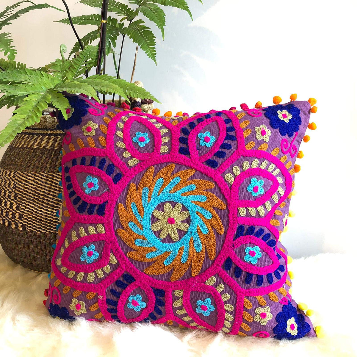 Suzani Pillows, Embroidered Cushion Cover 16X16, Decorative Throw Pillow Case, Indian Pom Pom Outdoor Cushions, Boho Pillow Sham