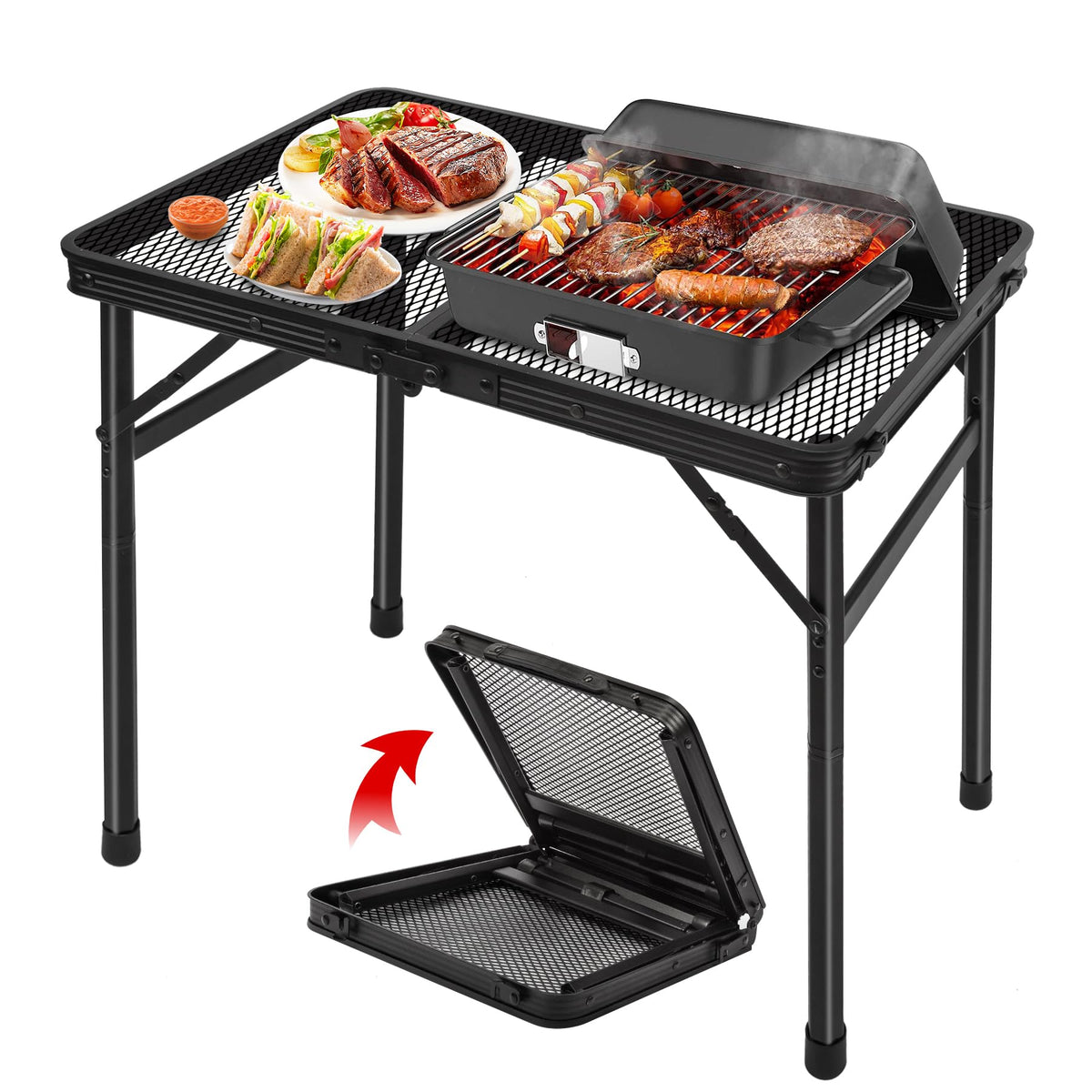 jkwokback Grill Table Camping Table Portable Folding Table,Height Adjustable Collapsible with Mesh Desktop,Lightweight Metal Tab