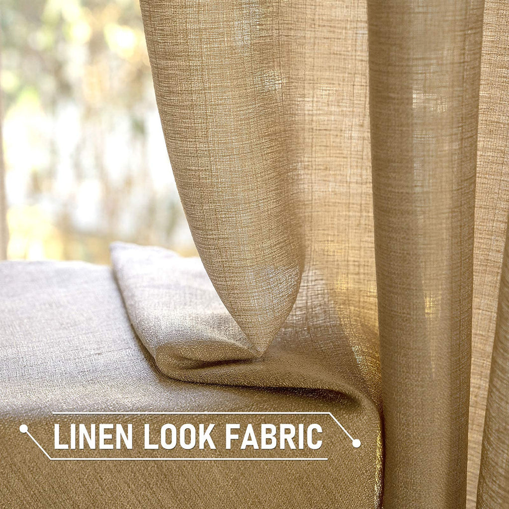 Miulee Tan Brown Faux Linen Textured Semi Sheer Curtains 2 Panels Set For Bedroom Living Room, Light Filtering Privacy Curtains