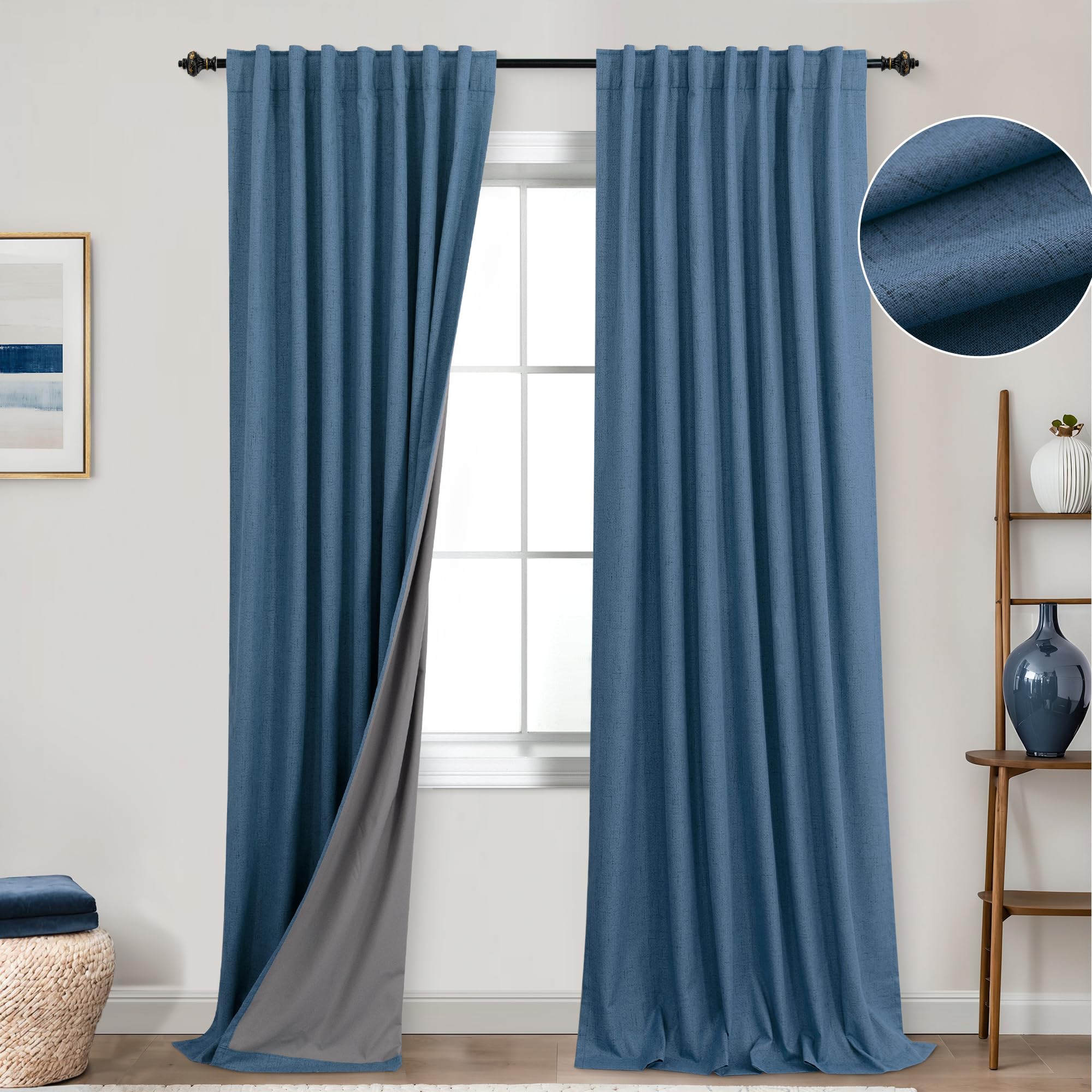 Koufall Denim Blue Back Tab Linen Blackout Curtains For Living Room 52 By 96 Inch Length