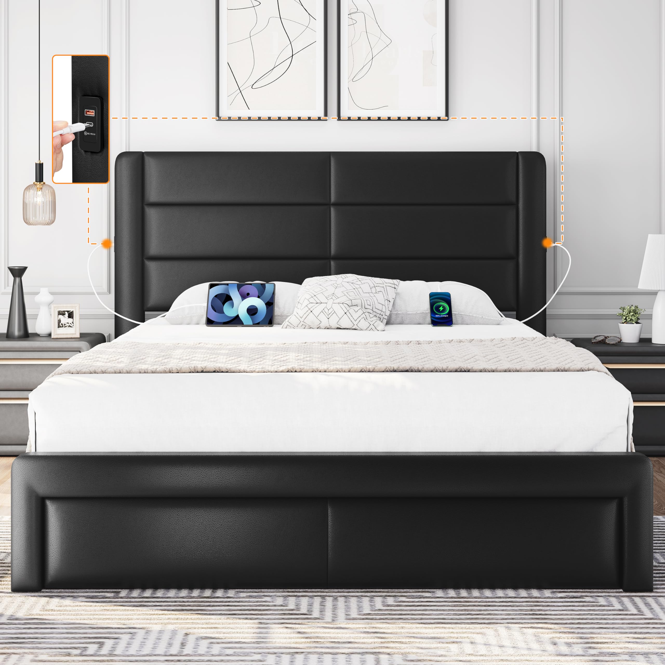 Yaheetech Full Bed Frame with Upholstered Platform Bed/Easy Assemble /3 Storage Drawers/Solid Wood Slat Support/No Box Spring Ne