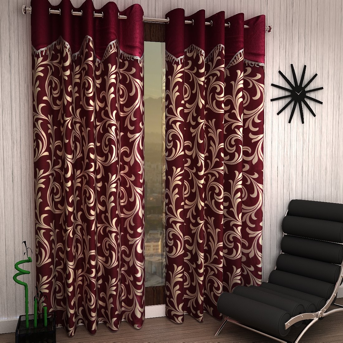 Home Sizzler Abstract Opaque 2 Piece Eyelet Polyester Scroll Frill Door Curtain Set  7Ft, Maroon