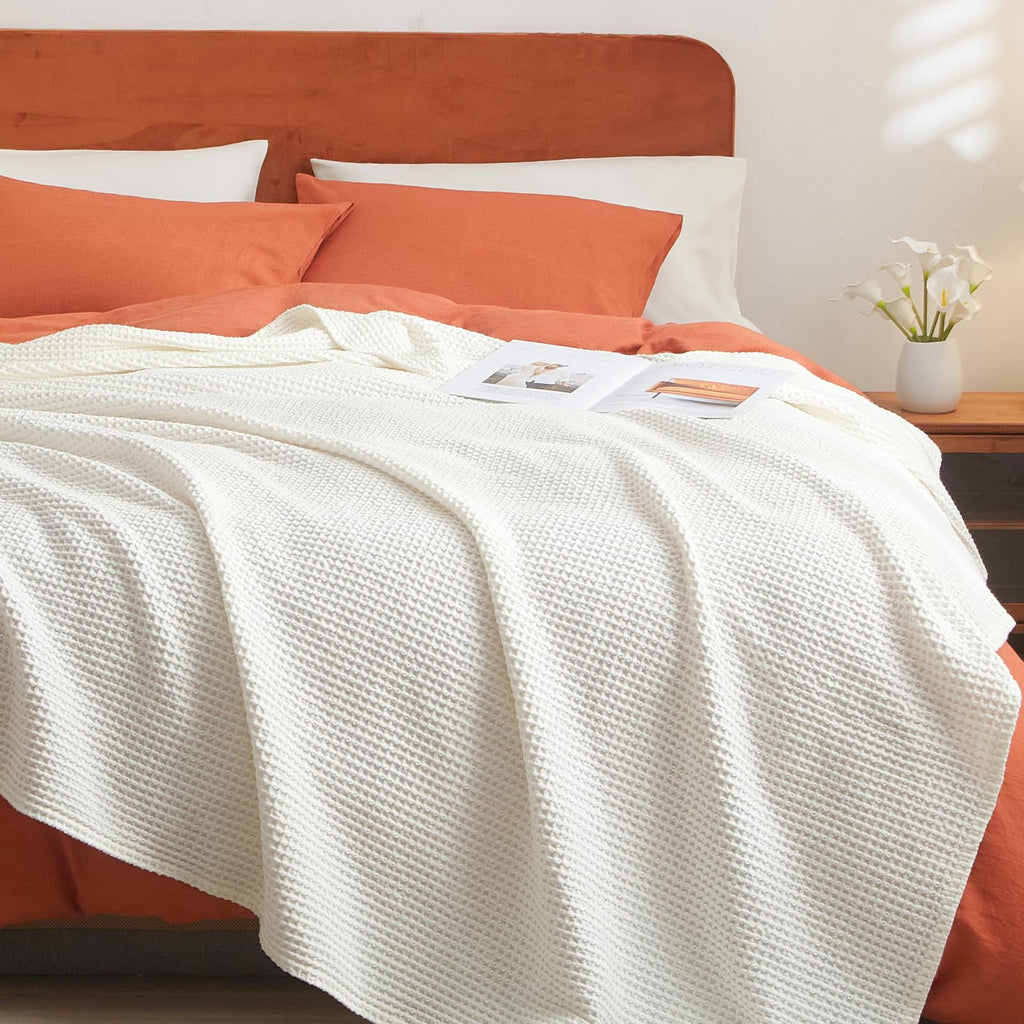 Phf 100% Cotton Waffle Weave Blanket Twin Size 66'X90' - Lightweight Cozy Washed Soft Breathable Throw Blanket - Great Blanket Layer For Couch Bed Sofa - Elegant Aesthetic Home Decoration - Cream