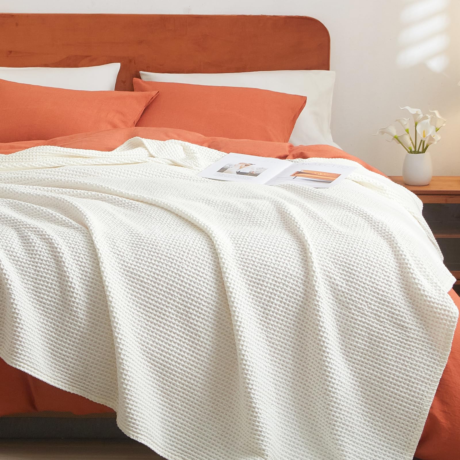 Phf 100% Cotton Waffle Weave Blanket Twin Size 66'X90' - Lightweight Cozy Washed Soft Breathable Throw Blanket - Great Blanket Layer For Couch Bed Sofa - Elegant Aesthetic Home Decoration - Cream