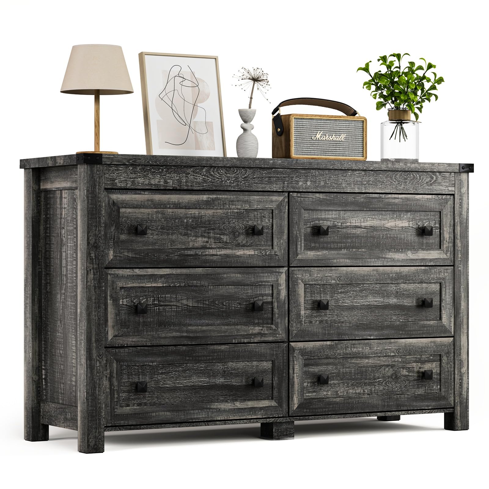 HUANLEGO Grey Dresser for Bedroom with 6 Drawers, Farmhouse Wood Dressers Bedroom Furniture 6 Chest of Drawers, Rustic Wide Stor