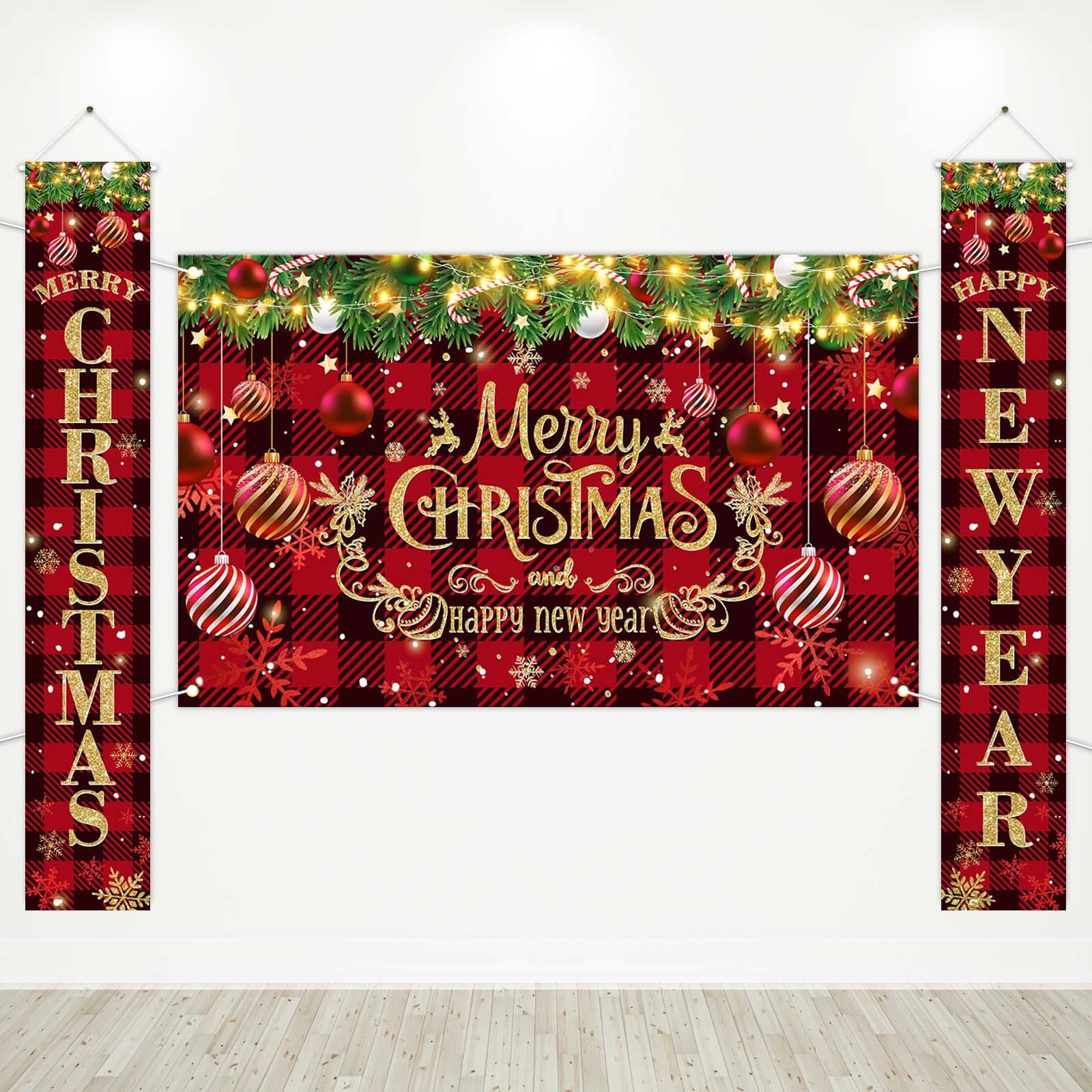 Avezano Merry Christmas Banner Christmas Door Decorations Red Black Buffalo Hanging Banner Happy New Year Christmas Banners for 