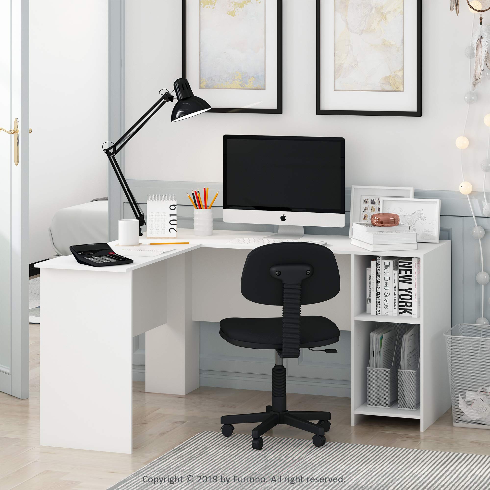 Furinno Indo L-Shaped Computer Desk With Bookshelf, White