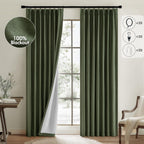 MIULEE Olive Green Pinch Pleated 100% Blackout Linen Curtains for Bedroom, Room Darkening Dark Green Window Curtains 84 inches L