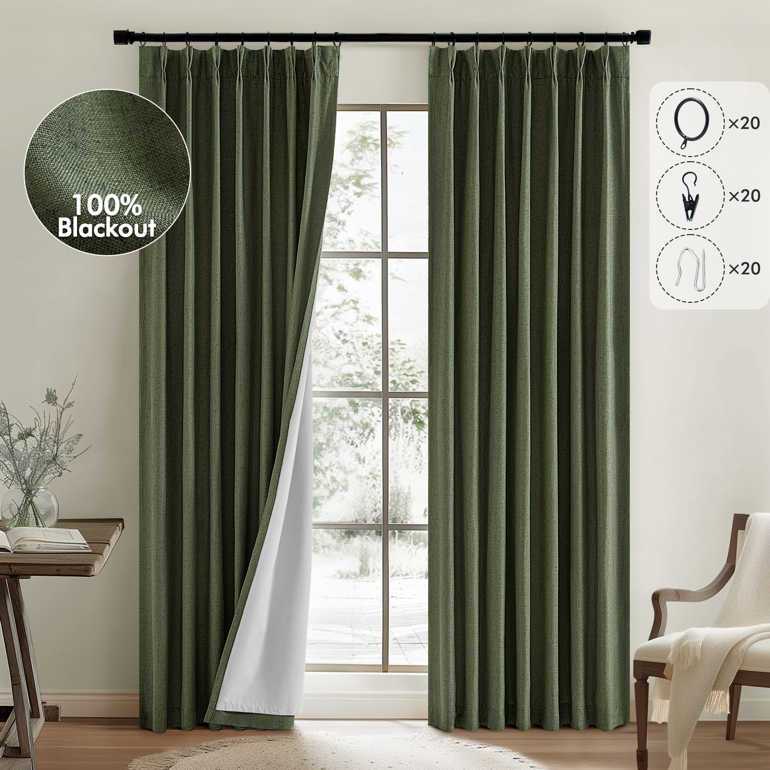 MIULEE Olive Green Pinch Pleated 100% Blackout Linen Curtains for Bedroom, Room Darkening Dark Green Window Curtains 84 inches L